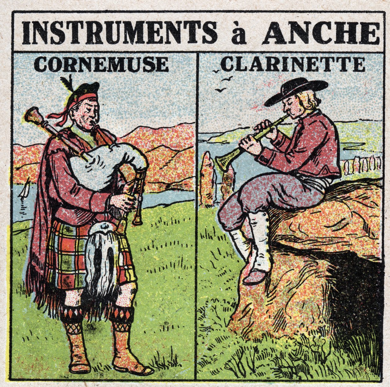 Instrumenty muzyczne: instrumenty dęte na biodrze. Muzycy fajkarzy i klarnetów. Anonimowa ilustracja z 1925 r. Ze zbiorów prywatnych. autorstwa Anonymous Anonymous