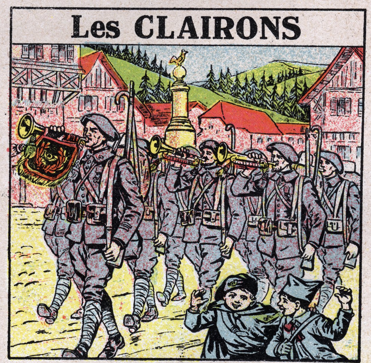 Instrumenty muzyczne: instrumenty dęte z ustami słojowymi. Graj w trąbkę podczas biegu wojskowego. Anonimowa ilustracja z 1925 r. Ze zbiorów prywatnych. autorstwa Anonymous Anonymous