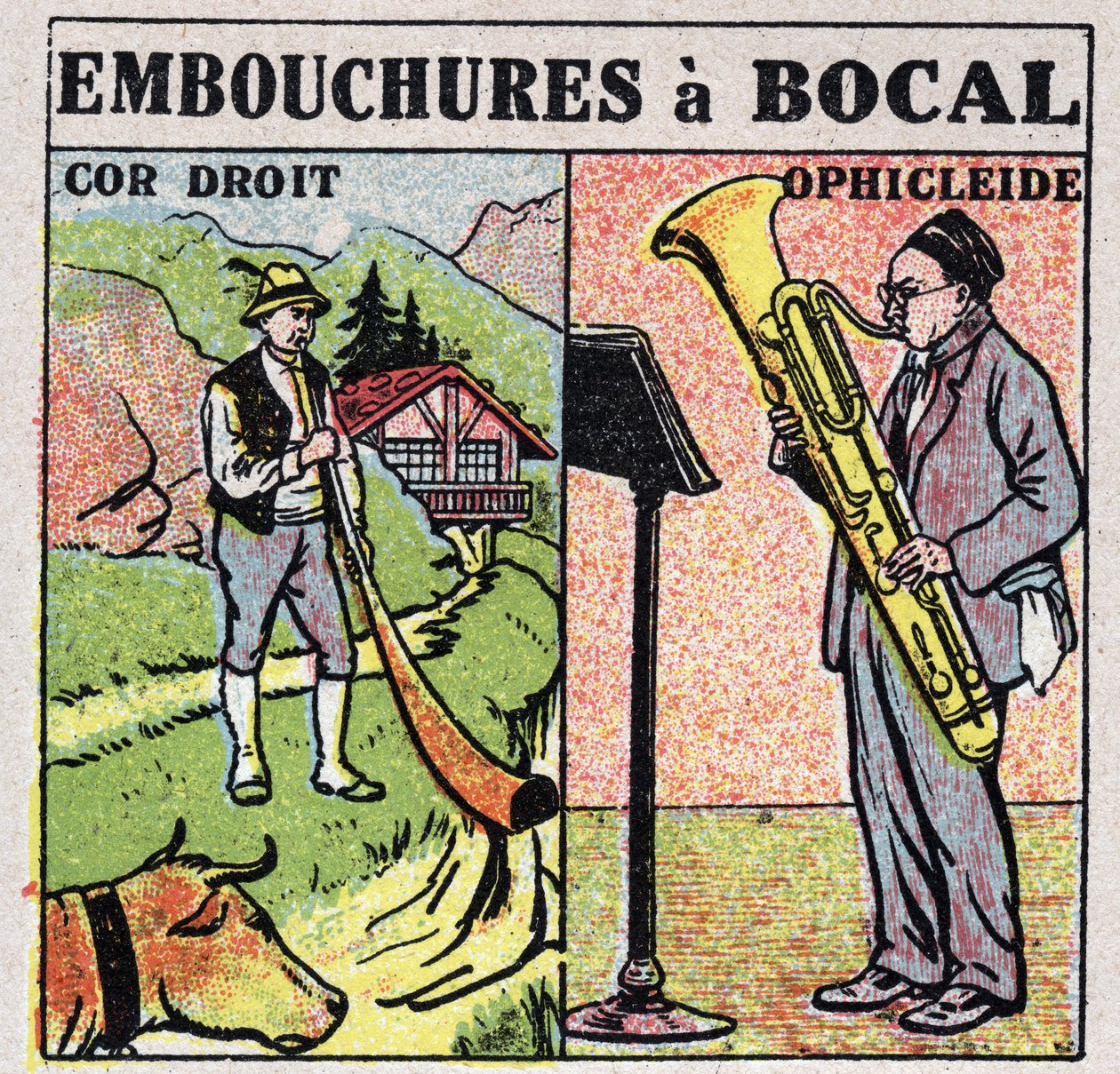 Instrumenty muzyczne: instrumenty dęte z ustami słojowymi. Gracze grający na waltorni i ophicleide. Anonimowa ilustracja z 1925 r. Ze zbiorów prywatnych. autorstwa Anonymous Anonymous