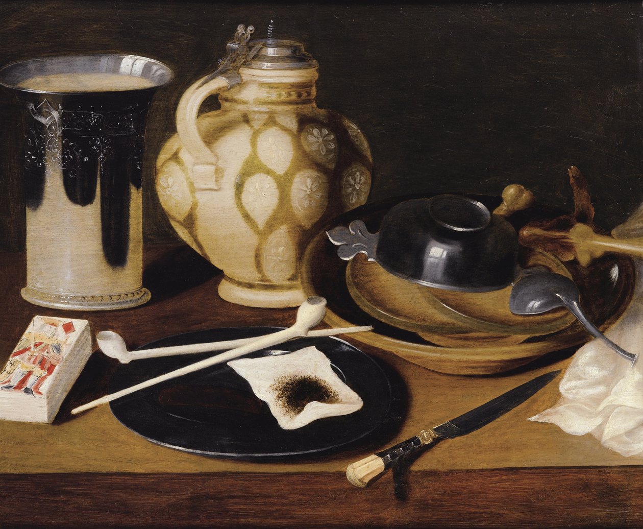 "Martwa natura z fajką, królem diamentów, nożem i dzbanem" Anonimowy obraz ok. 1650 Olej na drewnie, format 52x64 cm Kolekcja prywatna autorstwa Anonymous Anonymous