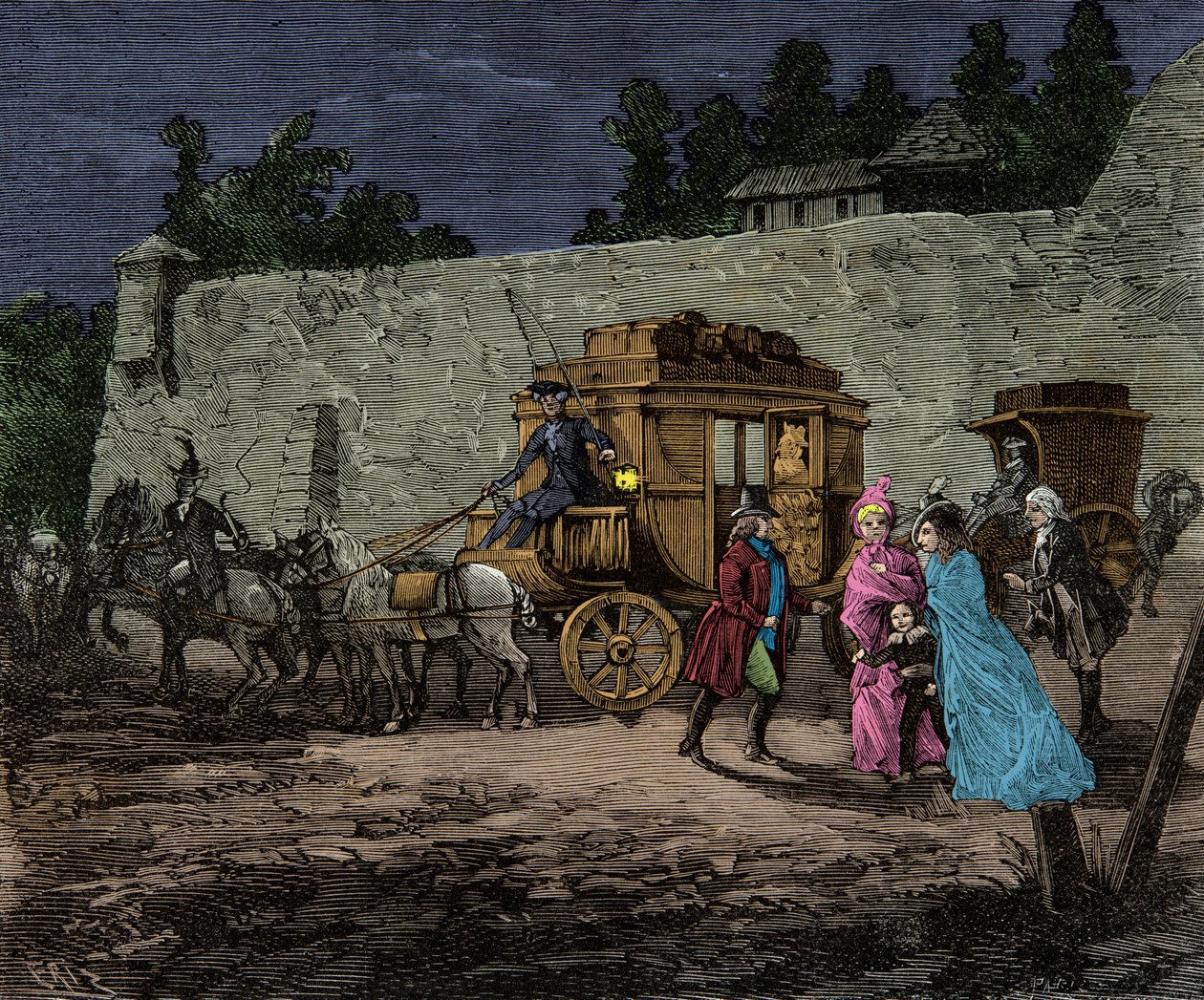 Nocny lot rodziny królewskiej do Varennes w 1791 r., rycina, kolekcja prywatna autorstwa Anonymous Anonymous