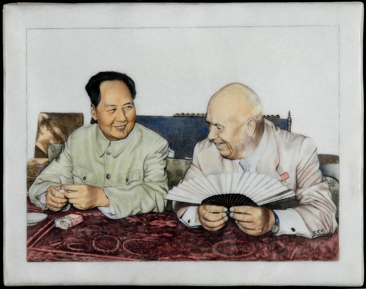 Nikita Chrouchtchev (1894-1971) i Mao Zedong (Tse-Toung, Tse Toung) (1893-1976) - Nikita Chruszczow i Mao Zedong - Anonim. Porcelana, dekoracja poszkliwna, początek lat 60. XX wieku. Prywatna kolekcja autorstwa Anonymous Anonymous