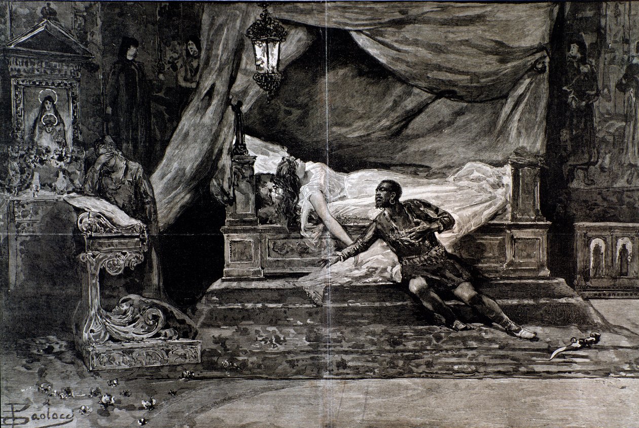 Otello zabija się przy ciele Desdemony. Ilustracja ostatniej sceny Otella, opera Giuseppe Verdi autorstwa Anonymous Anonymous