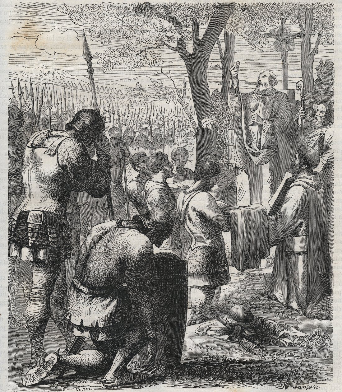 Otto I, Cesarz Rzymski przyjmuje komunię przed bitwą pod Lechfeld (955) - Cesarz niemiecki Otton I (Othon) (912-973) przyjmował komunię przed bitwą pod Lechfeld w 955 - rycina 1864 autorstwa Anonymous Anonymous