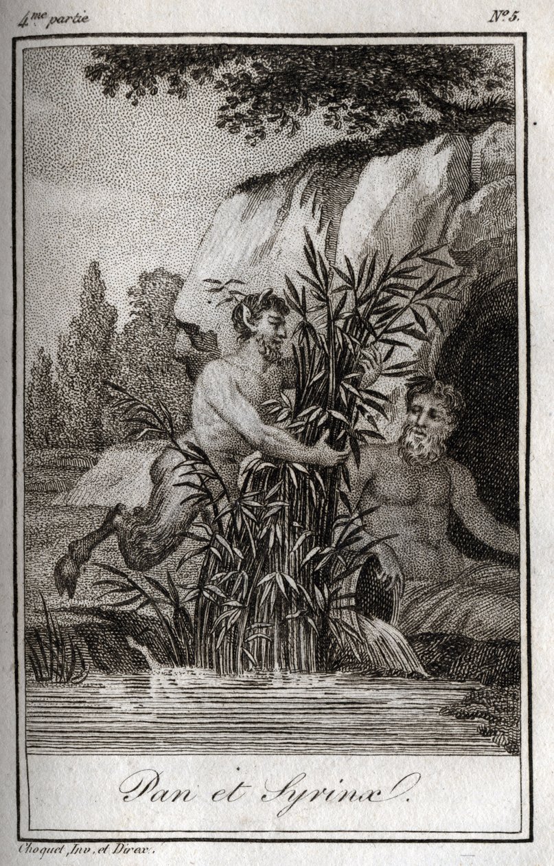 Pan i nimfa Syrinx zamieniły się w trzciny (Pan and Nymph Syrinx). Rycina z 1819 r. w „Lettres a Emilie sur la mitologie” Charlesa Alberta Demoustiera (1760-1801). Prywatna kolekcja. autorstwa Anonymous Anonymous