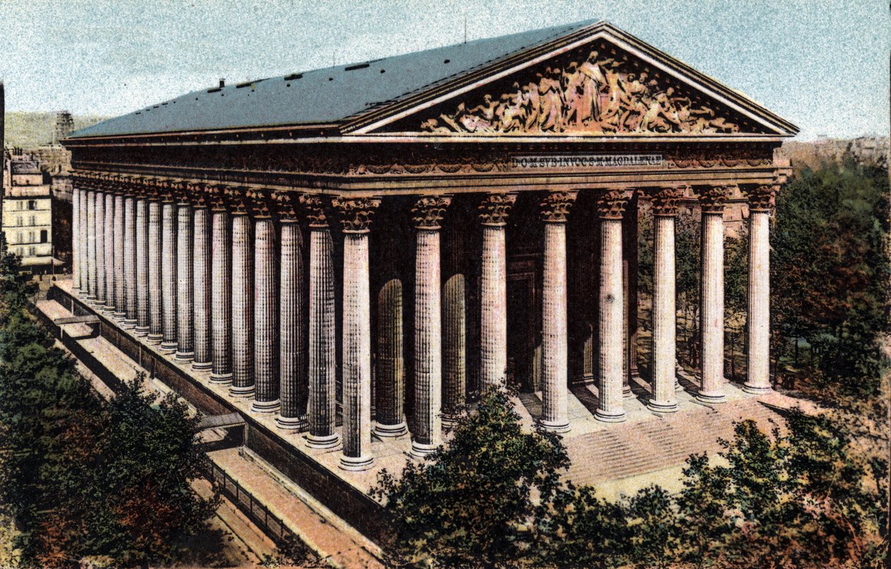 Paryż: widok zewnętrzny kościoła Madeleine zaprojektowany przez architekta Pierre Alexandre Vignon (1763-1828). Zdjęcie z 1920 roku w „Albumie Artystycznym” miasta Paryża. Prywatna kolekcja. autorstwa Anonymous Anonymous