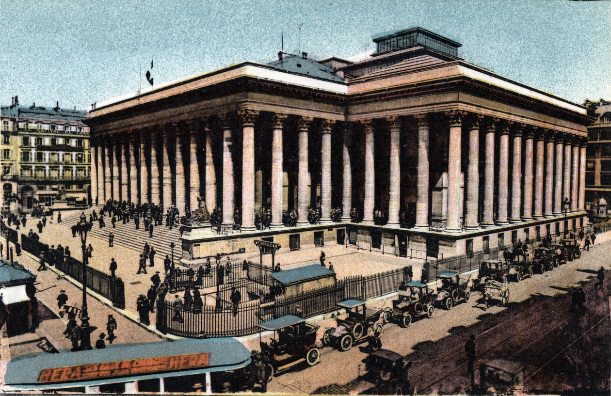 Paryż: widok zewnętrzny Palais Brongniart (Giełda Papierów Wartościowych w Paryżu), zbudowany w latach 1808-1826 przez Alexandre Brongniart (1770-1847). Zdjęcie z 1920 roku w „Albumie Artystycznym” miasta Paryża. Prywatna kolekcja. autorstwa Anonymous Anonymous