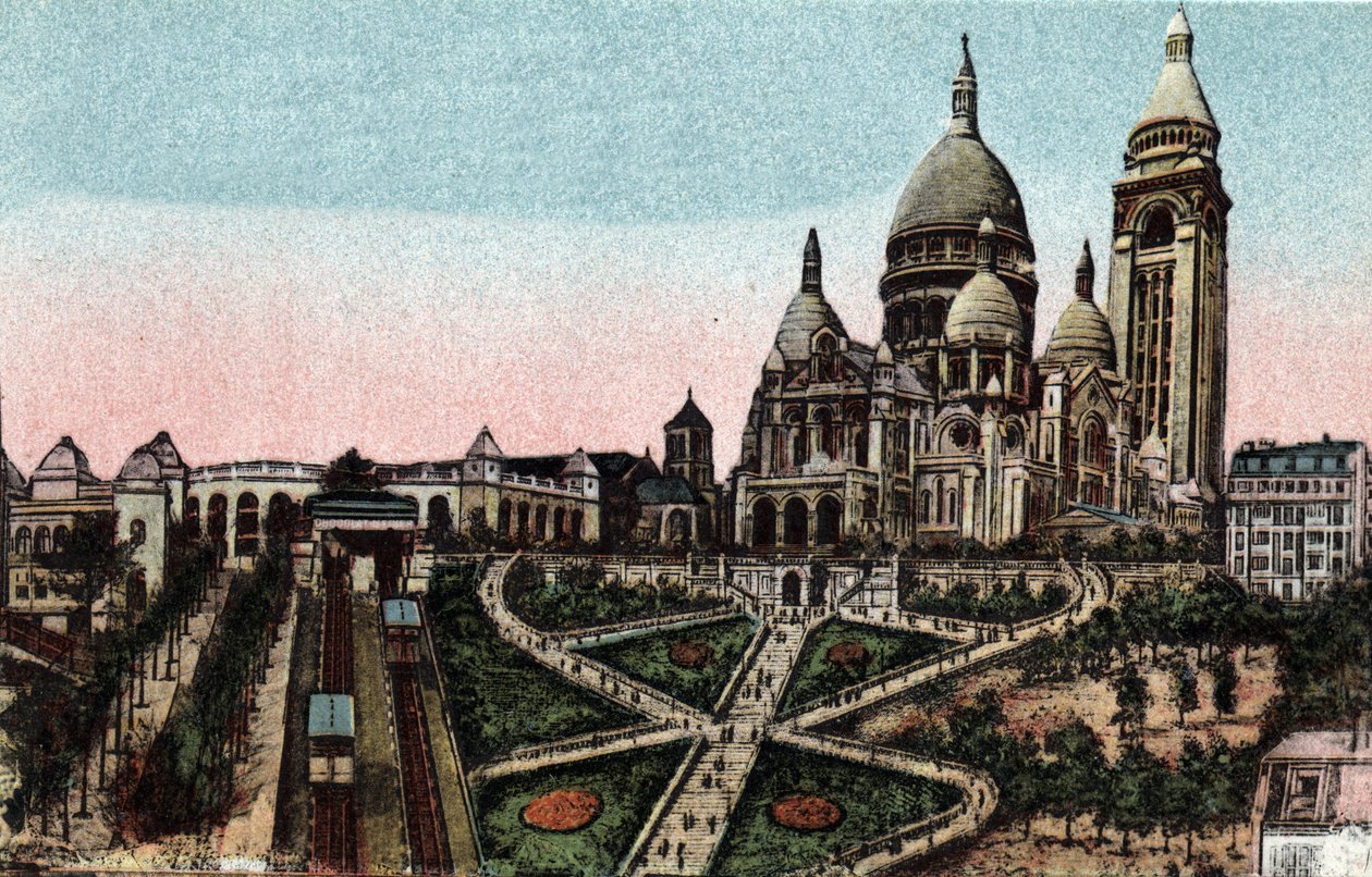 Paryż: kolejka i bazylika Sacre Coeur (Sacre-Coeur) na Butte Montmartre. Zdjęcie z 1920 roku w „Albumie Artystycznym” miasta Paryża. Prywatna kolekcja. autorstwa Anonymous Anonymous
