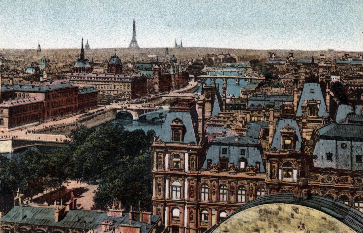 Paryż: panorama mostów Huits na Sekwanie z Wieżą Eiffla w tle. Zdjęcie z 1920 roku w „Albumie Artystycznym” miasta Paryża. Prywatna kolekcja. autorstwa Anonymous Anonymous