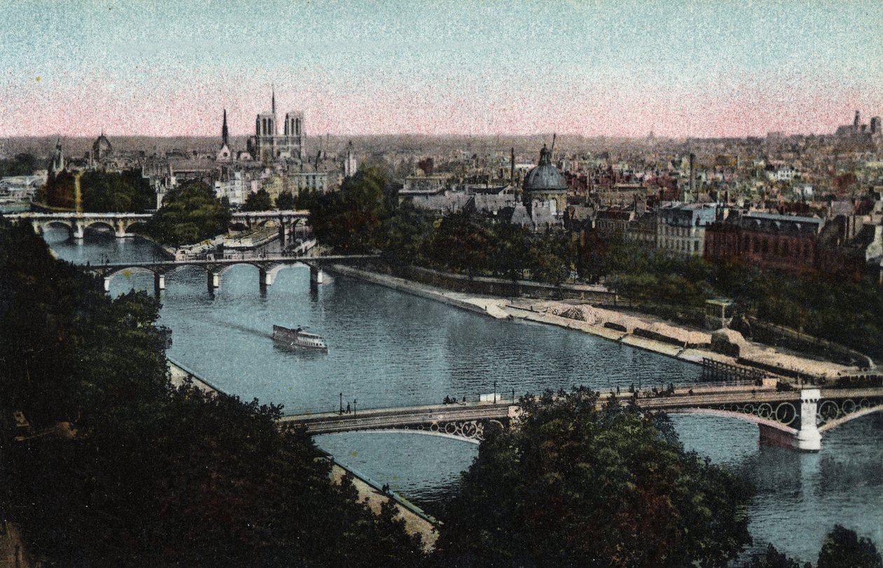 Paryż: panorama Sekwany w kierunku Katedry Notre Dame (Notre-Dame) i Ile de la Cite. Zdjęcie z 1920 roku w „Albumie Artystycznym” miasta Paryża. Prywatna kolekcja. autorstwa Anonymous Anonymous