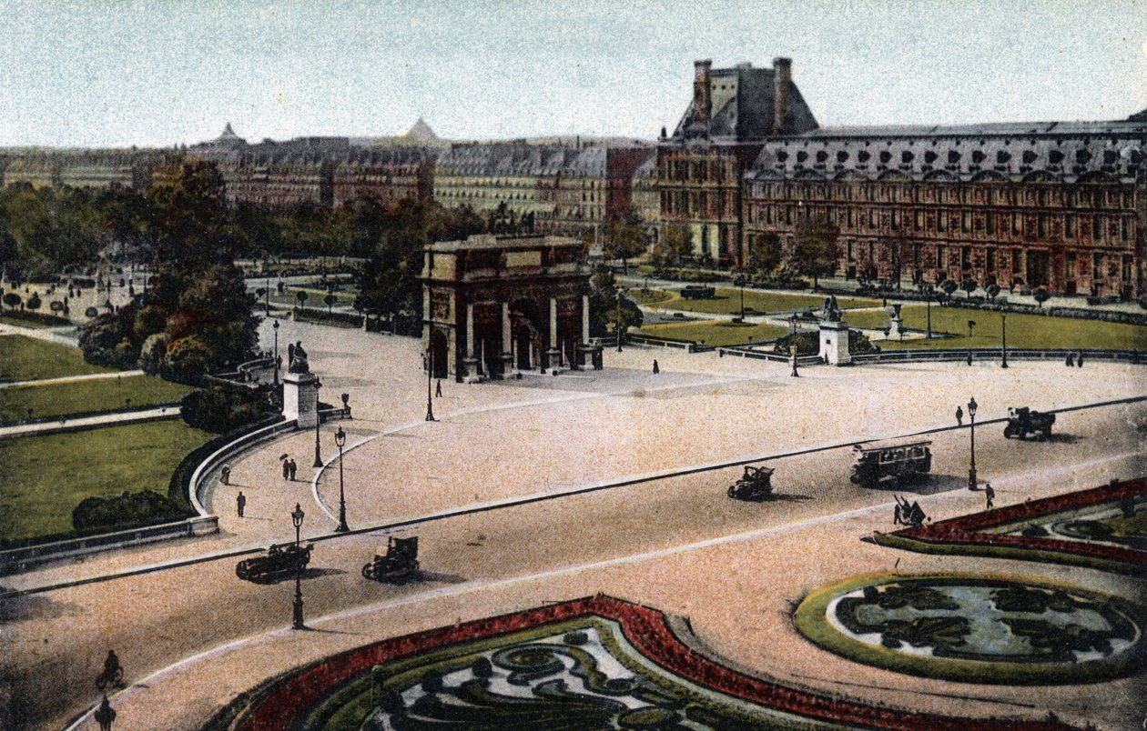 Paryż: panorama Tuileries (ogród i pałac) oraz Łuk Triumfalny du Carrousel. Zdjęcie z 1920 roku w „Albumie Artystycznym” miasta Paryża. Prywatna kolekcja. autorstwa Anonymous Anonymous