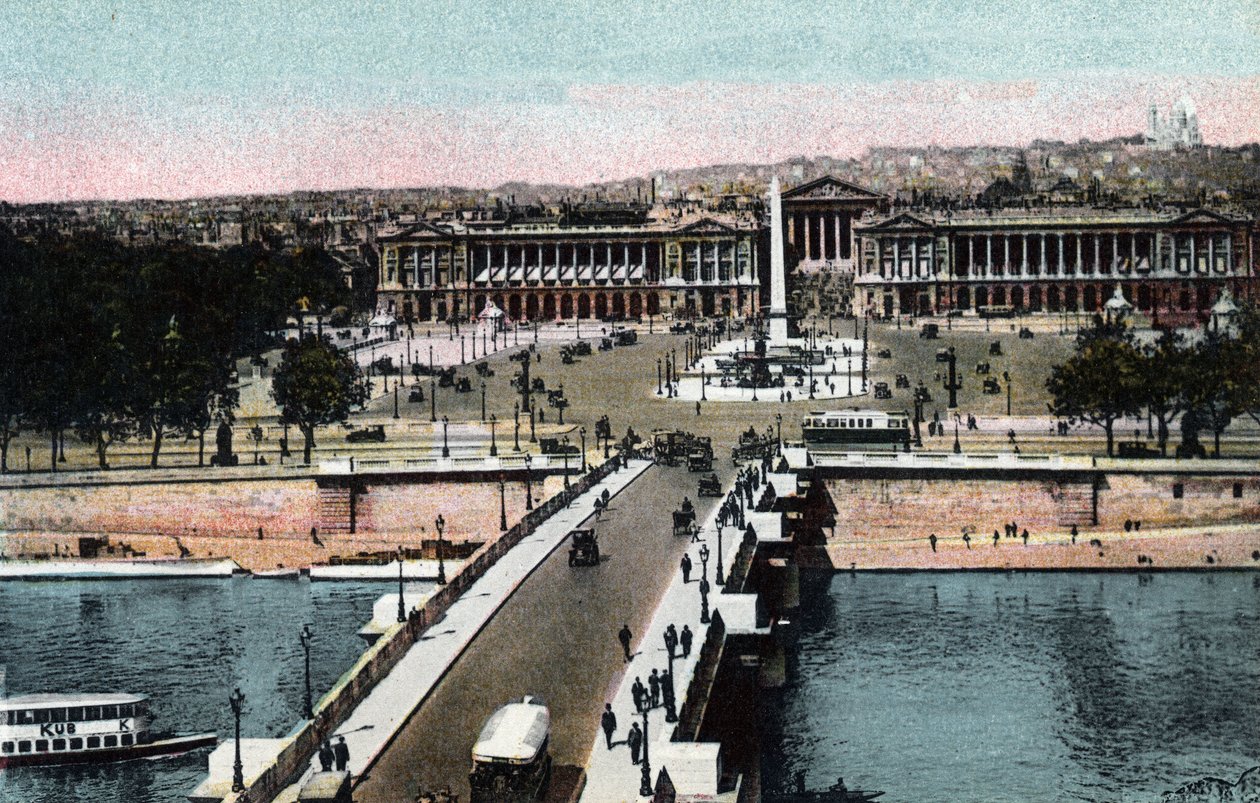 Paryż: panorama mostu i Place de la Concorde z obeliskiem i kościołem Madeleine przeniesionym do bazyliki Sacre Coeur (Sacre-Coeur) na Montmartrze. Po lewej obecny Hotel Crillon, a po prawej Hotel de la Marine autorstwa Anonymous Anonymous