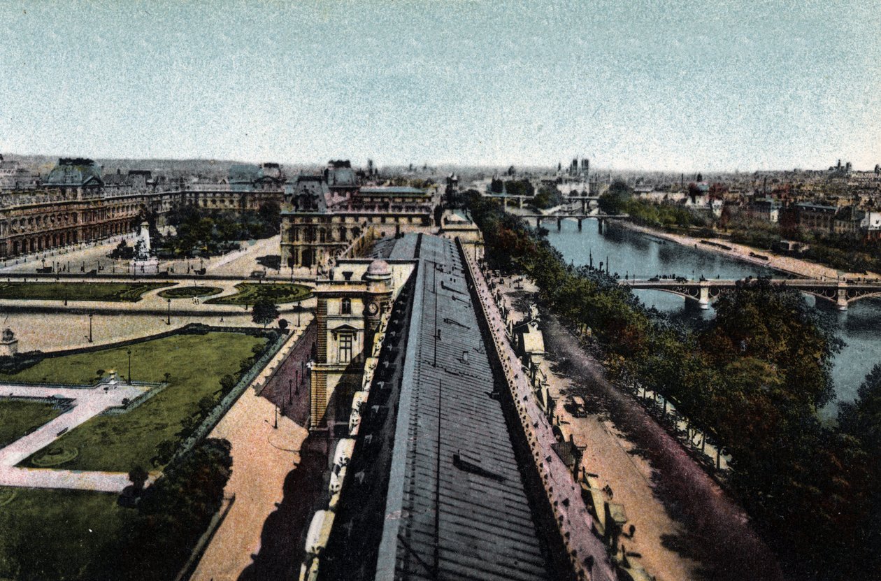 Paryż: panorama w kierunku Luwru. La Seine i Cathedrale Notre Dame (Notre-Dame), po prawej stronie. Zdjęcie z 1920 roku w „Albumie Artystycznym” miasta Paryża. Prywatna kolekcja. autorstwa Anonymous Anonymous