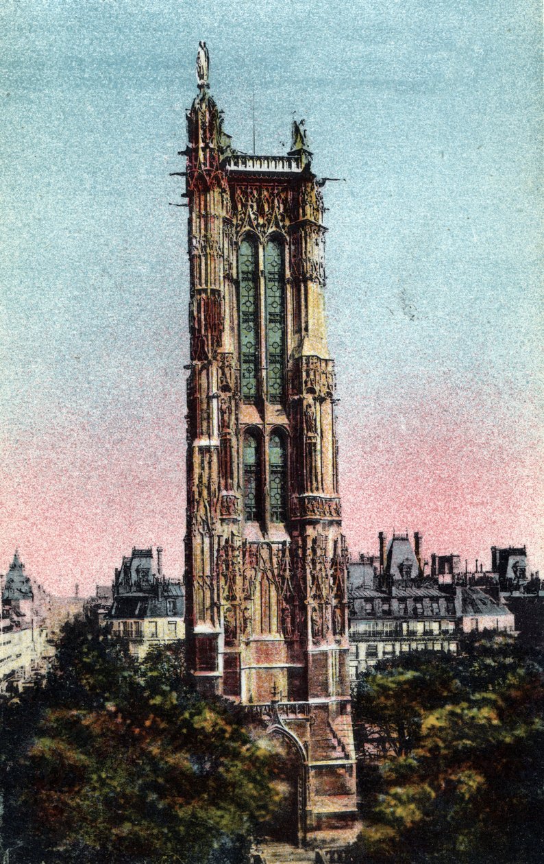 Paryż: Wieża św. Jakuba (Saint-Jacques) zrealizowana w 1523 r. Fotografia z 1920 r. w „Albumie Artystycznym” miasta Paryża. Prywatna kolekcja. autorstwa Anonymous Anonymous