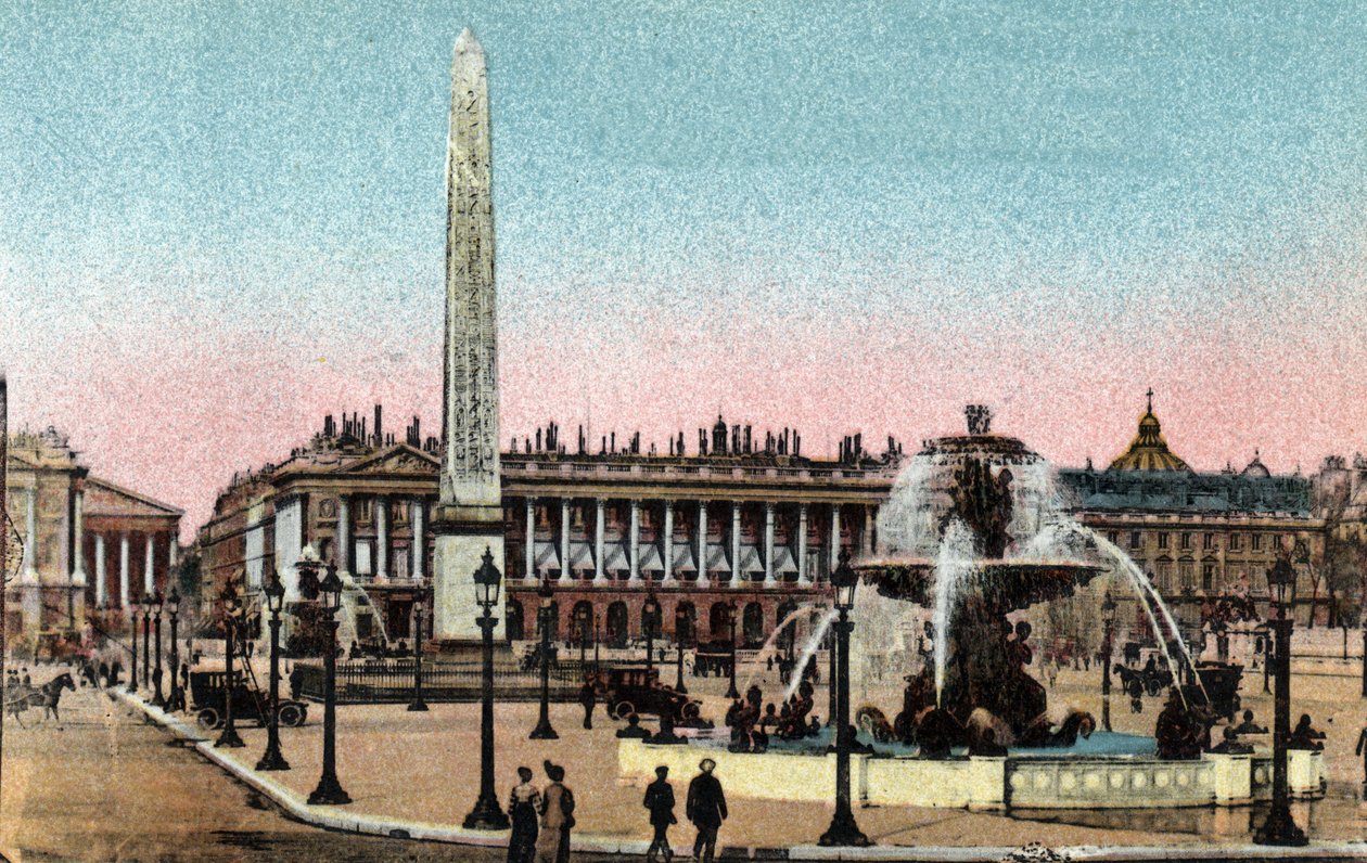 Paryż: widok na Place de la Concorde z fontannami i Obeliskiem. (Derriere Hotel de la marine (Hotel du Garde Meuble) Zdjęcie z 1920 roku w „Albumie Artystycznym” miasta Paryża. Kolekcja prywatna. autorstwa Anonymous Anonymous