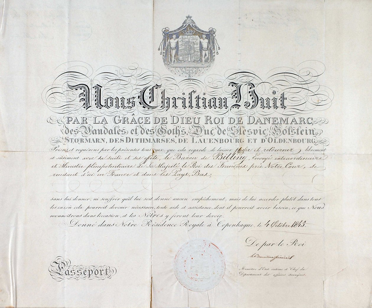 Paszport króla Danii Christiana VIII pochodzi z 1845 roku. autorstwa Anonymous Anonymous