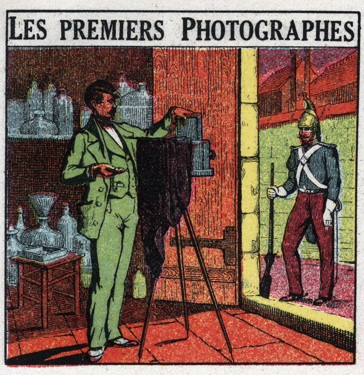 Fotografia: Pierwsi fotografowie w XIX wieku. Fotograf przedstawiający żołnierza w swoim studio. Anonimowa ilustracja z 1925 r. Ze zbiorów prywatnych. autorstwa Anonymous Anonymous