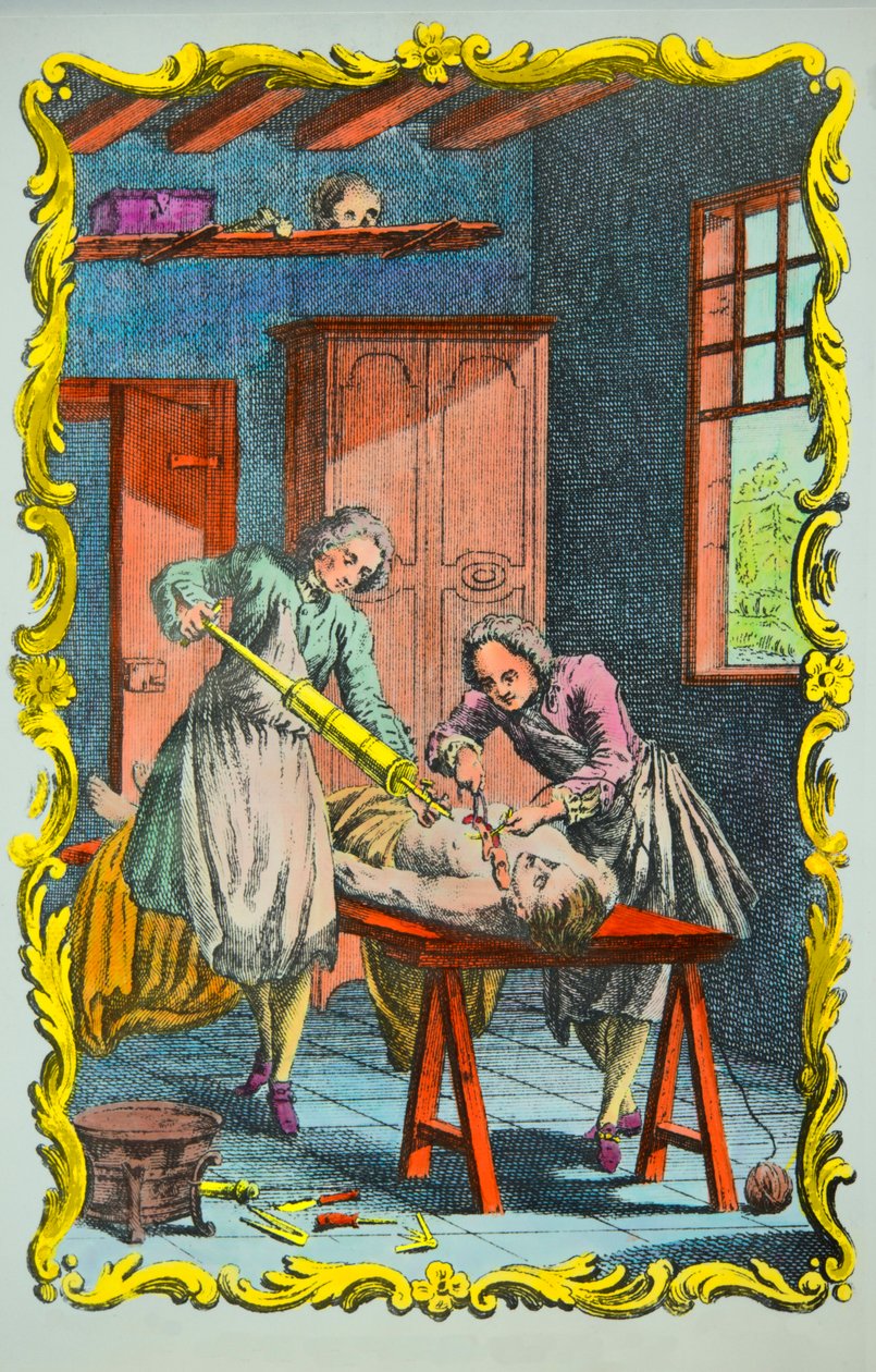 Lekarz badający przepływ krwi: frontyspis „Wspomnienia o przepływie krwi i skutkach krwawienia” Albrechta von Hallera (1708-1777) 1756, zbiory prywatne autorstwa Anonymous Anonymous
