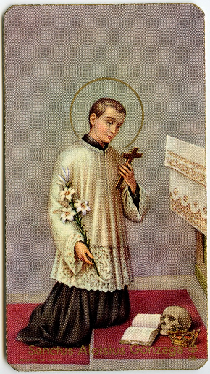 Pobożny wizerunek: Aloysius Gonzaga wielbiący krzyż (druk) autorstwa Anonymous Anonymous