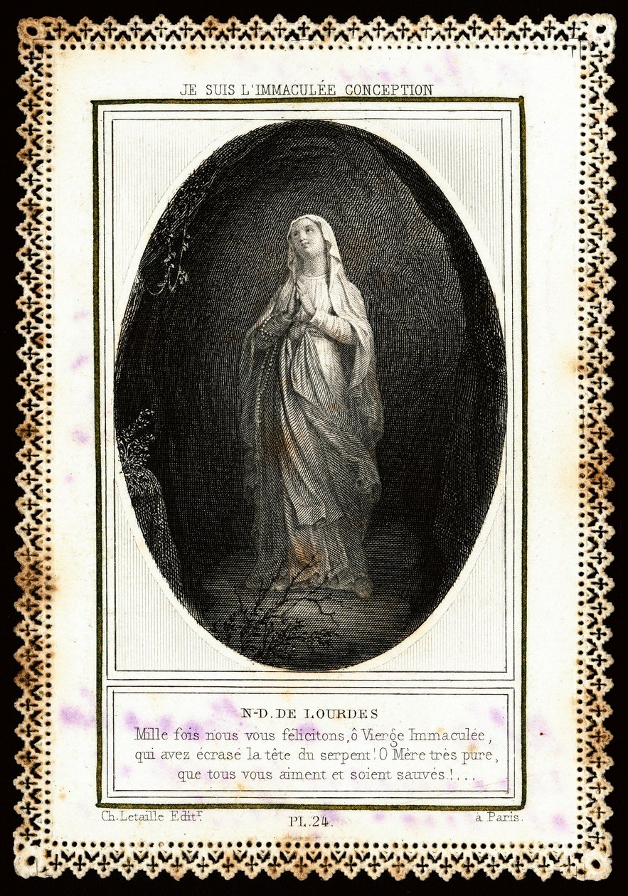 Pobożny wizerunek: „” Notre Dame de Lourdes”” Karta Dentelee. 19 wiek. Prywatna kolekcja autorstwa Anonymous Anonymous