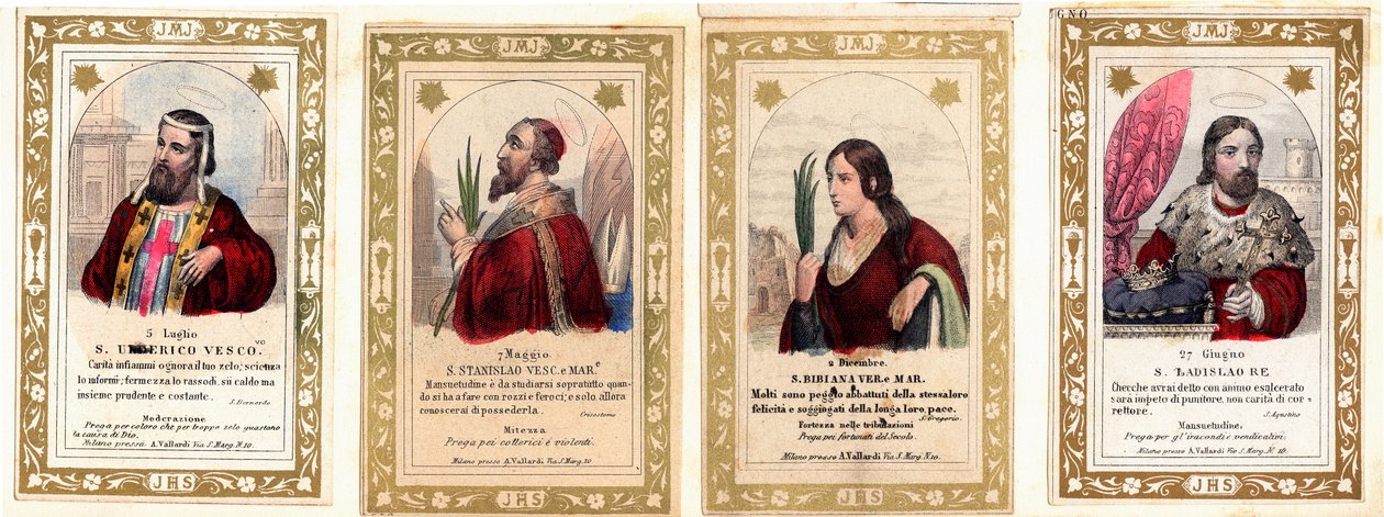 Pobożny wizerunek: "Św. Ulryk z Augsburga, św. Stanisław, św. Bibiana, św. Władysław I Węgierski" Kolekcja prywatna Karta autorstwa Anonymous Anonymous