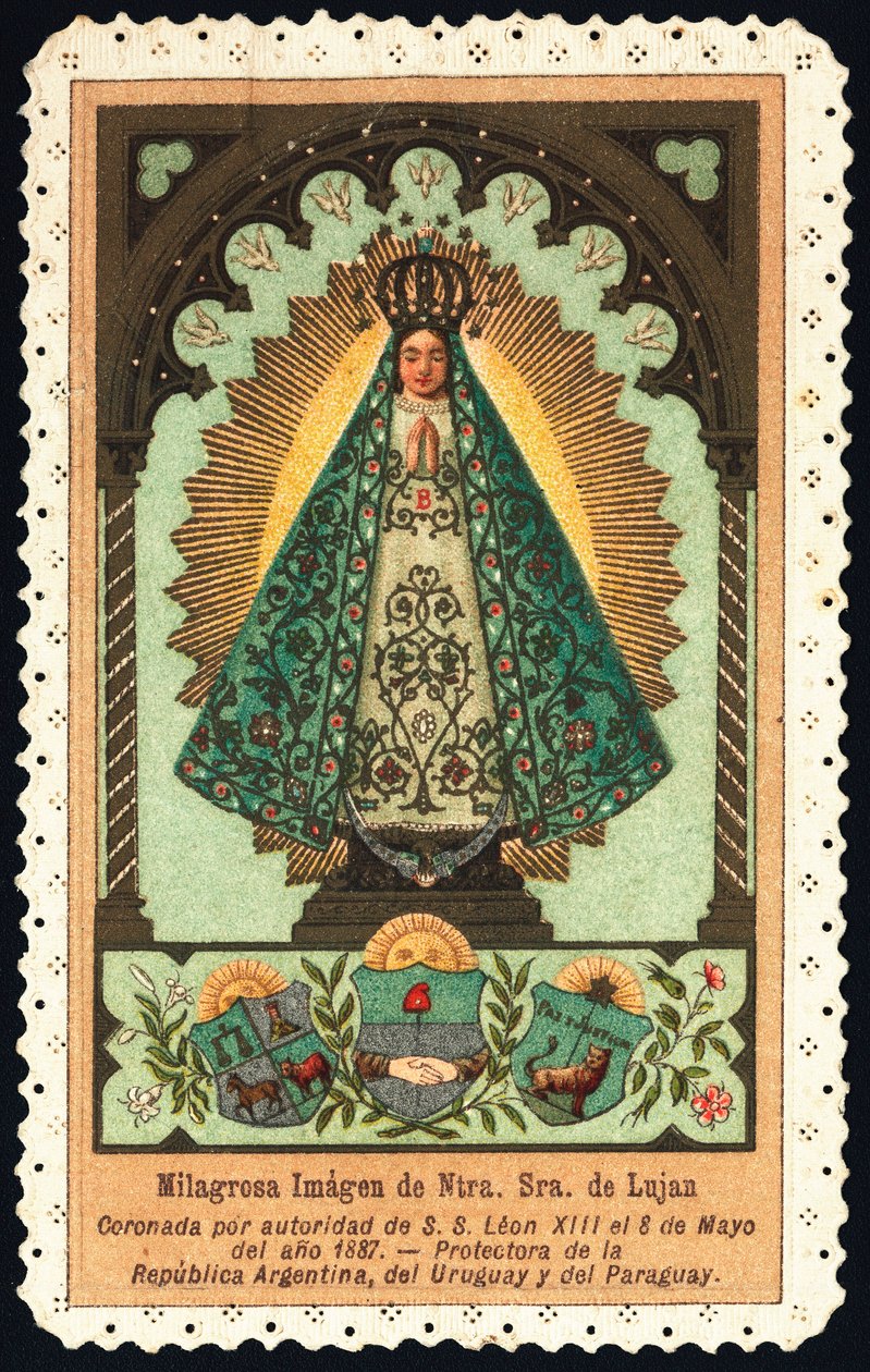 Pobożny wizerunek: „”reprezentacja Nuetra Seniora (Matki Bożej) z Lujan, opiekunki Argentyny, Paragwaju i Urugwaju””Dentelee Card Private Collection autorstwa Anonymous Anonymous