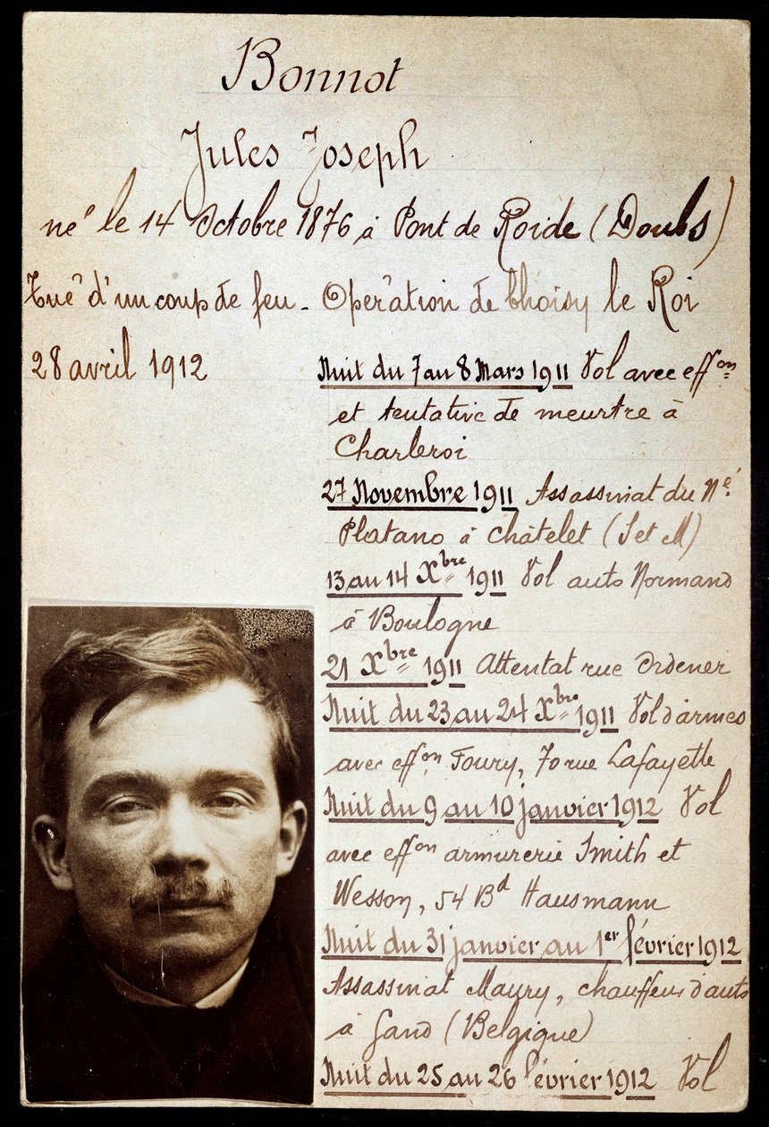 Karta policyjna kryminalisty Julesa Bonnota (1876-1912) (zespół Bonnota) z wykazem przestępstw autorstwa Anonymous Anonymous