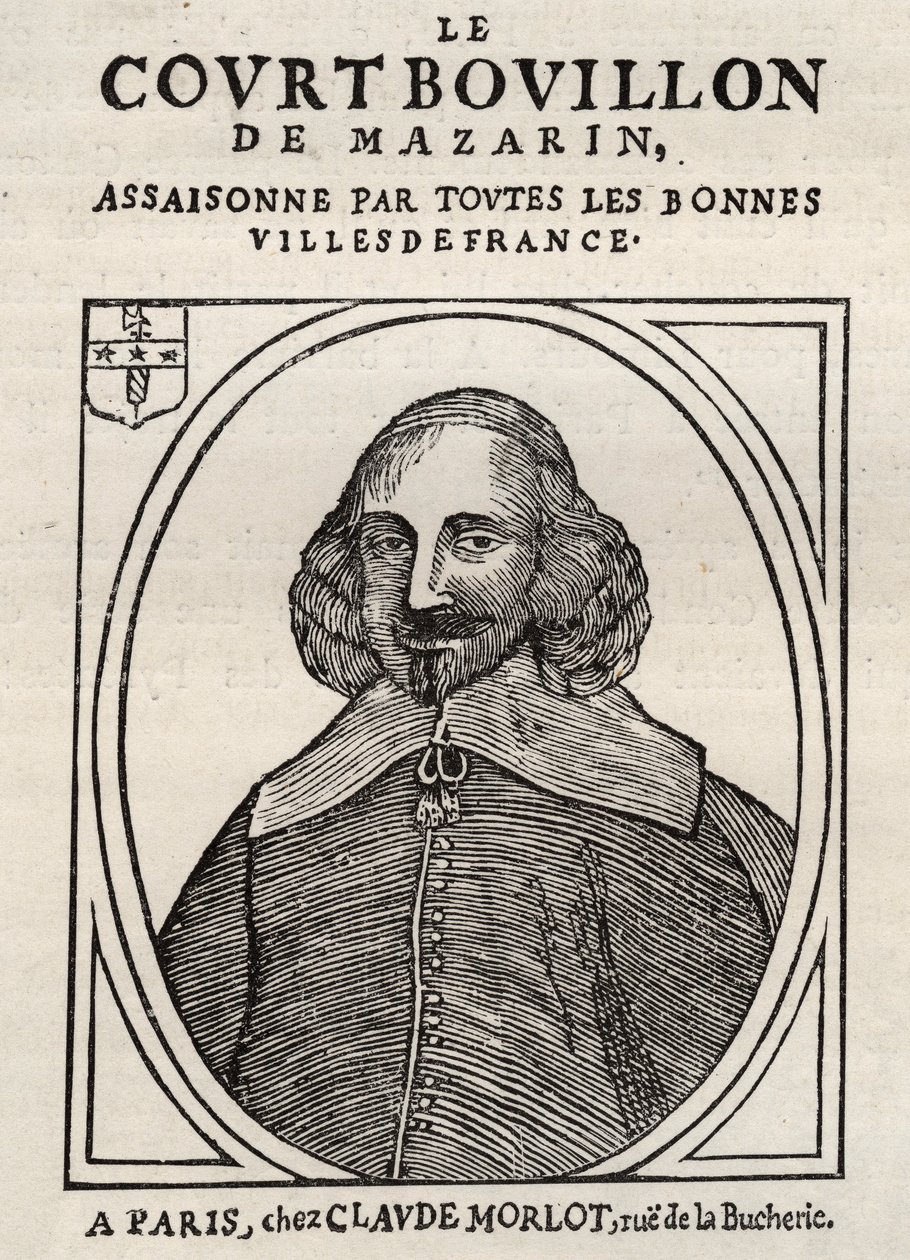 Broszury polityczne Mazarinade (broszura polityczna pod procą), popularny wizerunek przeciwko Mazarinowi o jego emeryturze w Bouillon (Le court bulion de Mazarin). Prywatna kolekcja. autorstwa Anonymous Anonymous