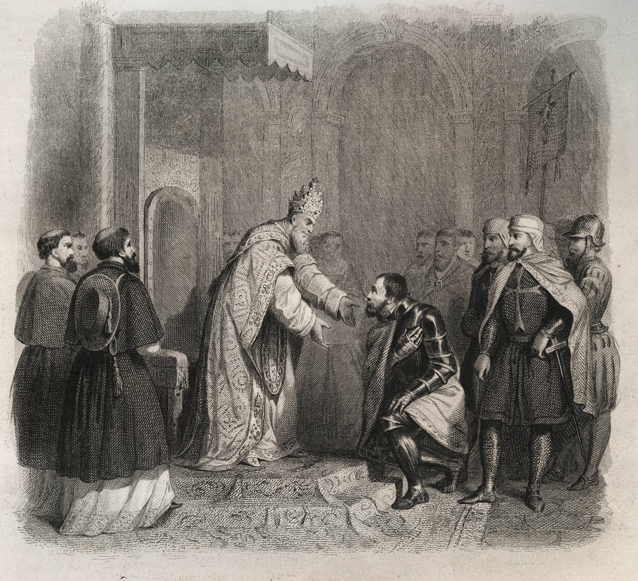 Papież św. Pius V (Pius lub Pio) (1566-1572) odbierający zwycięzcę bitwy pod Lepante. Rycina z 1846 r. w „Żywotach świętych”. Prywatna kolekcja. autorstwa Anonymous Anonymous