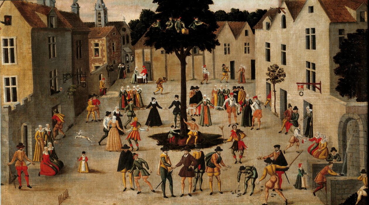Popularna tradycja: „”Popularny festyn wokół Arbre de Mai (wiązu) w Paryżu””Anonimowy obraz. XVI w. niedz. 0,7x1,3 m Paryż, Muzeum Carnavalet autorstwa Anonymous Anonymous