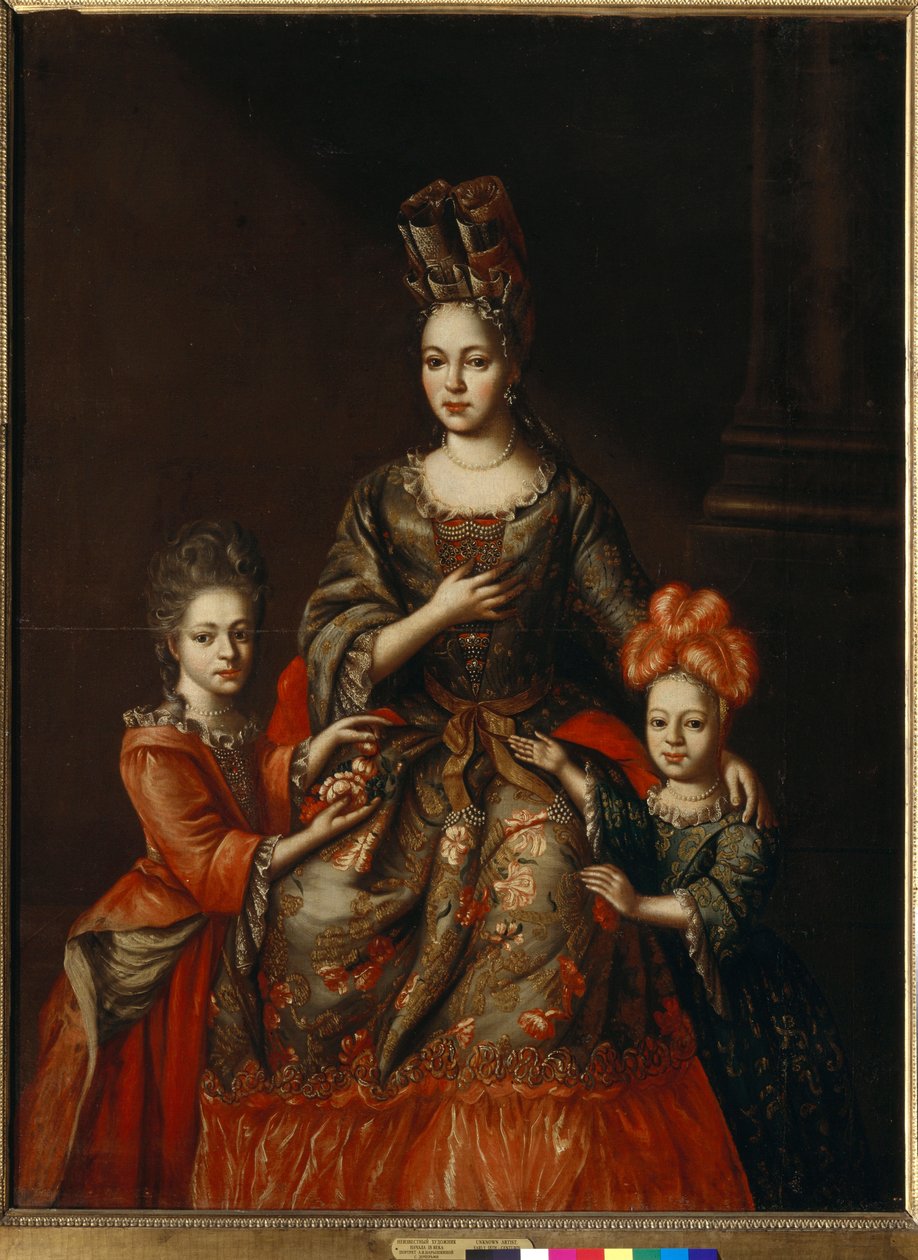 „Portret Anastazji Naryszkiny, żony gubernatora Sankt Petersburga oraz jej córek Aleksandry i Tatiany”” Anonimowy obraz, początek XVIII wieku, wymiary 180x130,8 cm Państwowa Galeria Trietiakowska, Moskwa autorstwa Anonymous Anonymous