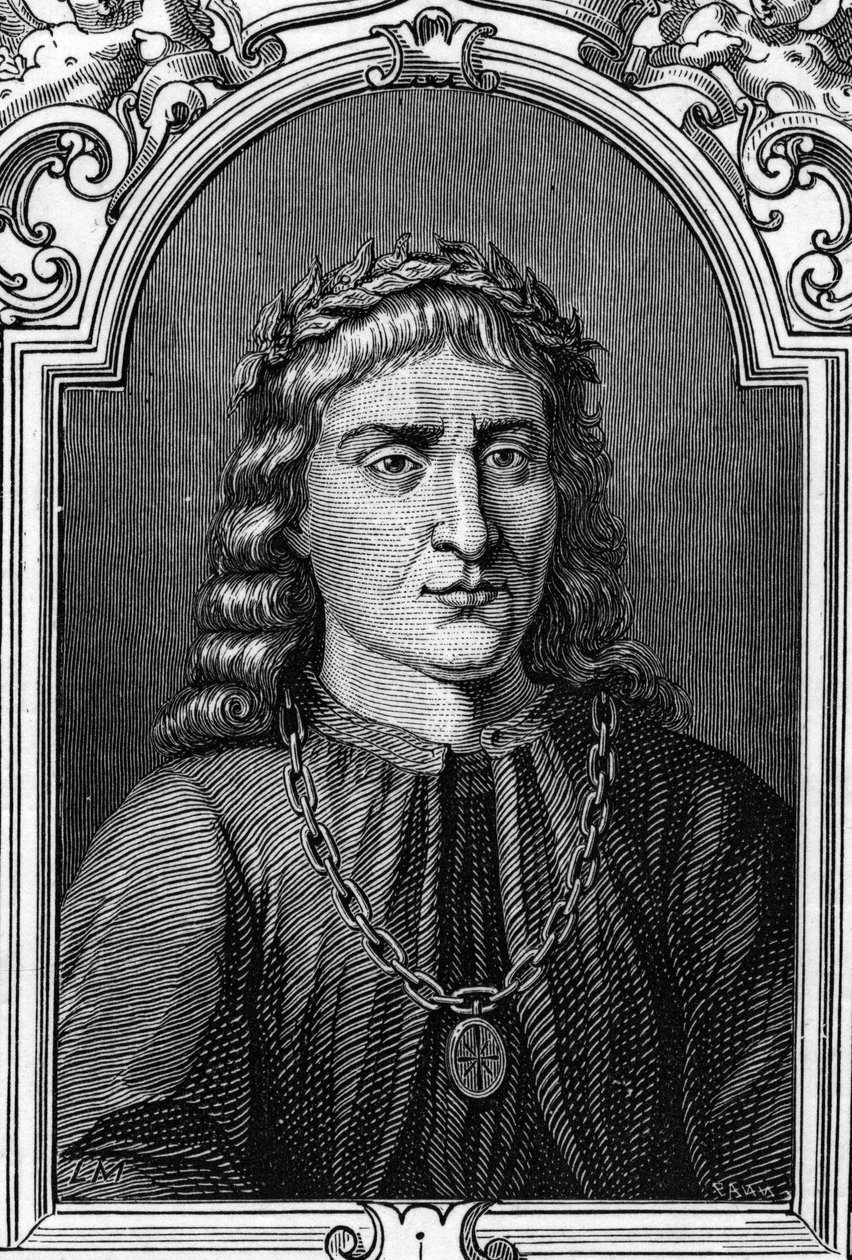 Portret Andrei Mantegny (1431-1506) włoskiego malarza. Rycina z 1859 roku w „Galeriach Europa – Włochy” autorstwa Armandauda. Prywatna kolekcja. autorstwa Anonymous Anonymous
