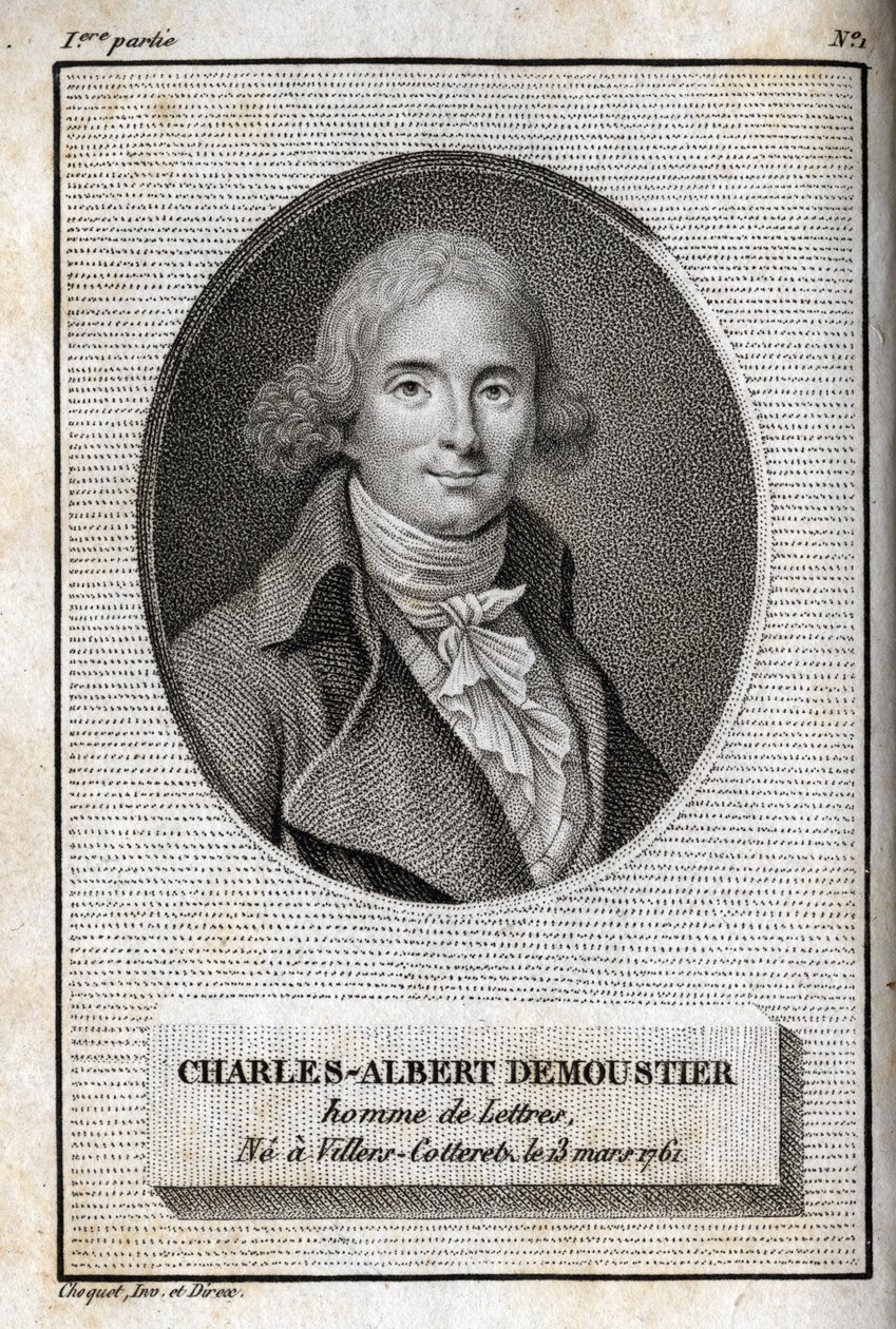 Portret Charlesa Alberta Demoustiera (1760-1801) pisarza francuskiego. Rycina z 1819 r. w „Lettres a Emilie sur la mitologie” Charlesa Alberta Demoustiera (1760-1801). Prywatna kolekcja. autorstwa Anonymous Anonymous