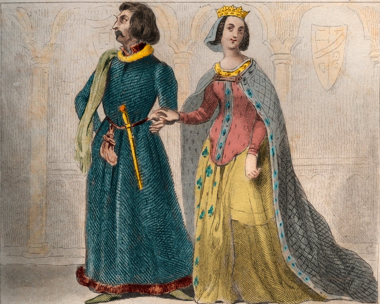 Portret Charlotte de Savoie (1441-1483) Królowej Francji, z Ludwikiem XI, zwanym Roztropną (1423-1483). Grawer z 1859 roku w „Le Monde”. Historia wszystkich narodów od najdawniejszych czasów do współczesności”. przez ME de Lostalot-Bachoue. autorstwa Anonymous Anonymous
