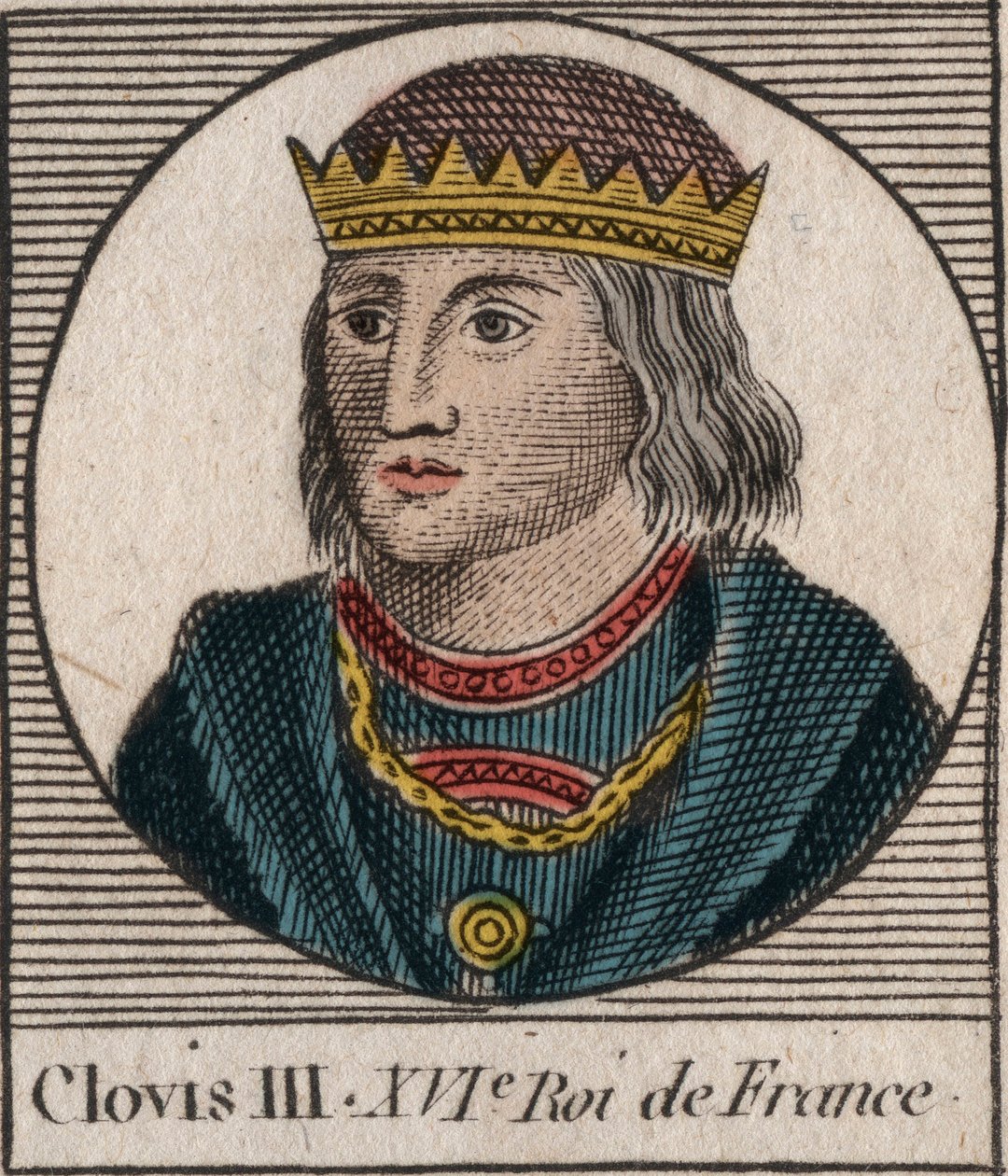 Portret Clovisa III, króla franków od 691 do 695 - CLOVIS III Merowingów, króla Neustrii i Austrazji - rycina z „Instruction sur l