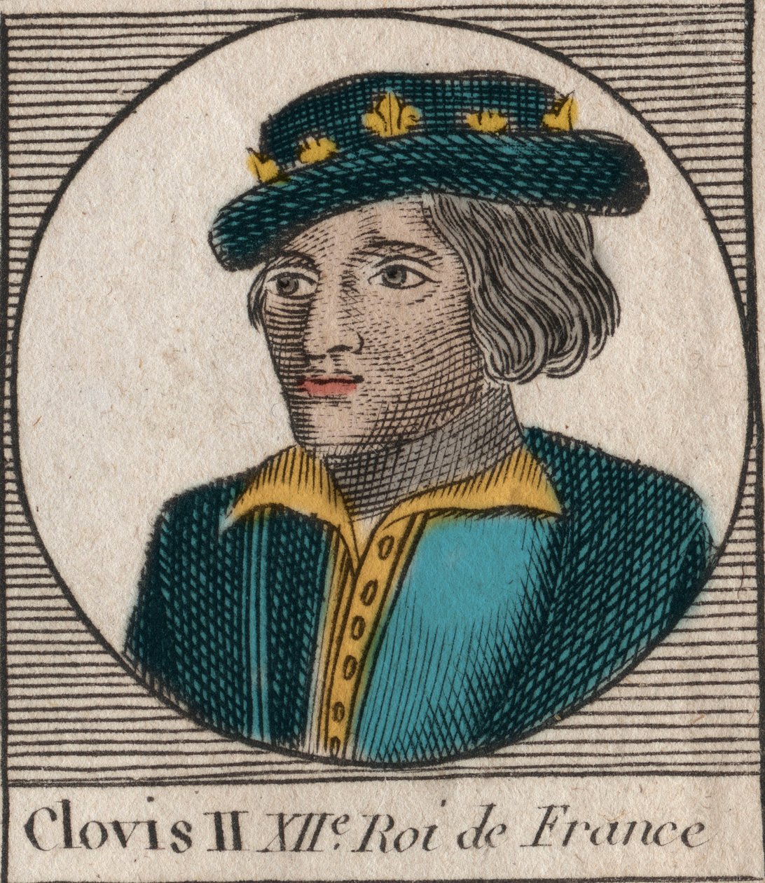 Portret Chlodwiga II, króla franków (v.633-657) - Chlodwiga II (c.634-657), króla Franków Merowingów w Neustrii i Burgundii (639-657) - rycina z „”Instruction sur l