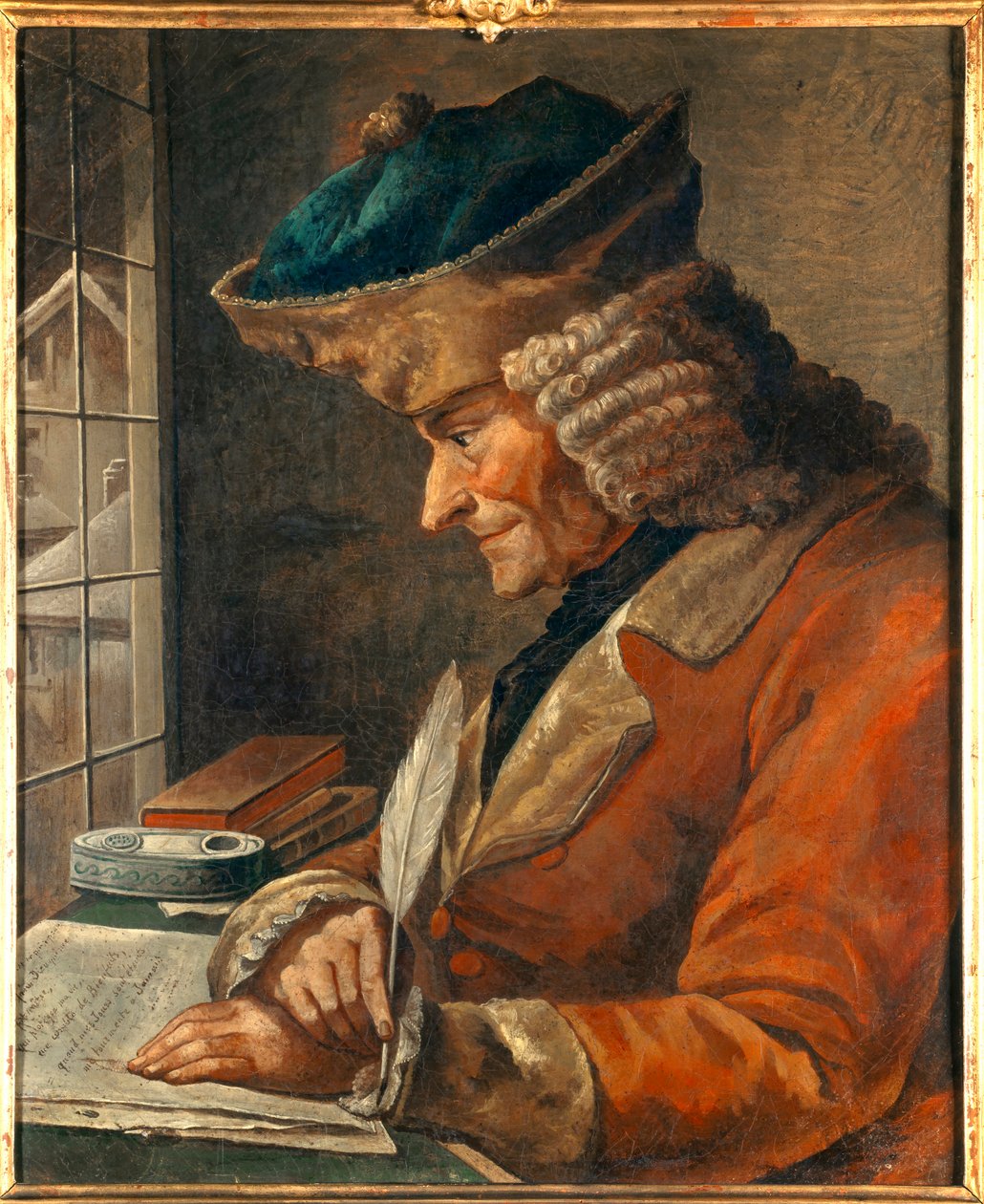 Portret Francois Marie Arouet Voltaire (1694-1778) w jego gabinecie. Obraz z XVIII wieku. Ciemny. 0,43 x 0,35 m Paryż, musee Carnavalet - Portret Francois Marie Arouet Voltaire (1694-1778) w jego gabinecie. Obraz XVIII Centrum. 0,43 x 0,35 m² autorstwa Anonymous Anonymous