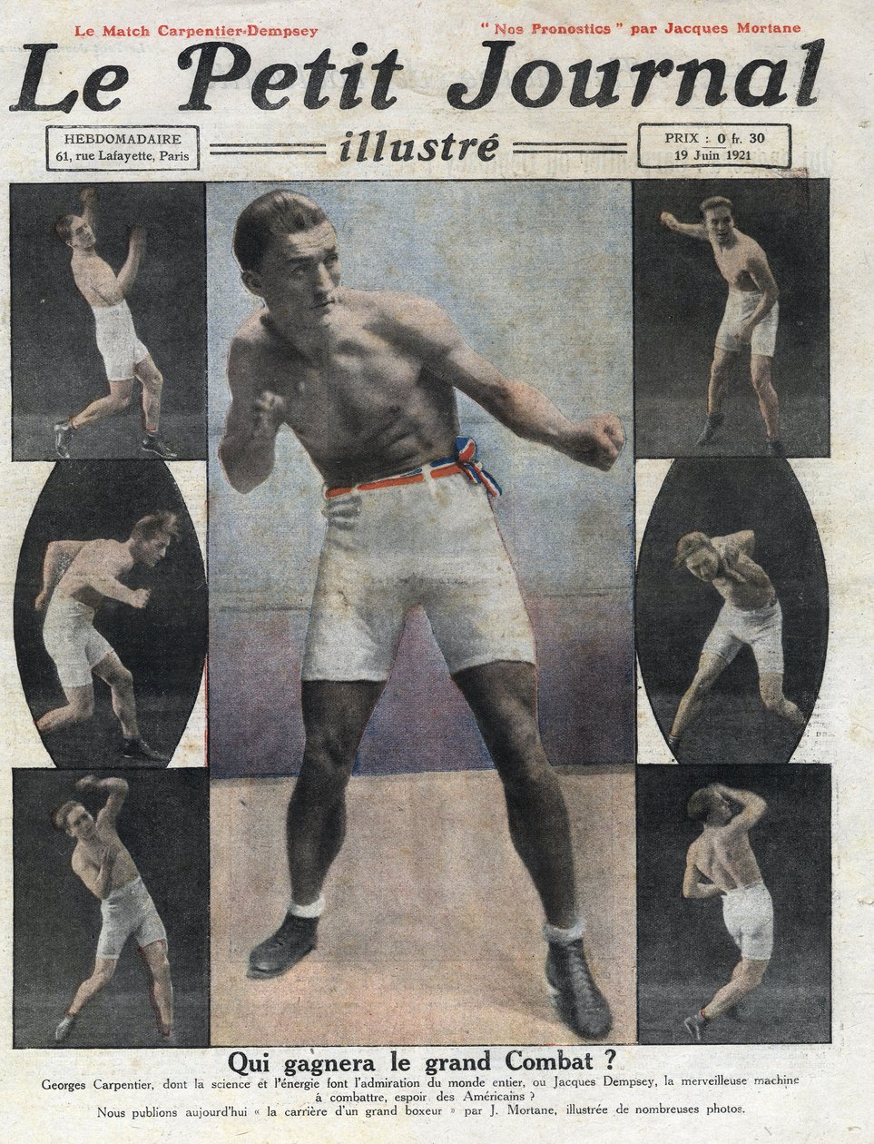 Portret francuskiego boksera Georgesa Carpentiera, który zmierzy się z amerykańskim bokserem Jackiem Dempseyem o tytuł mistrza świata. Ilustracja zaczerpnięta z „Le petit journal illustrious”” z 19.06.1921. Prywatna kolekcja autorstwa Anonymous Anonymous