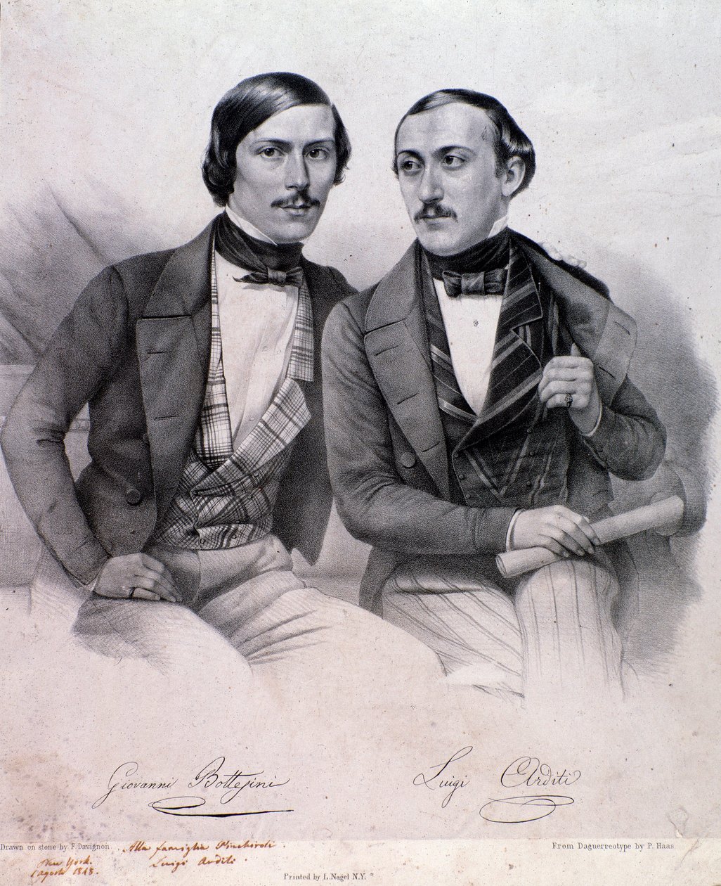 Portret Giovanniego Bottesiniego (po lewej) i Luigiego Arditi (rycina autorstwa Anonymous Anonymous