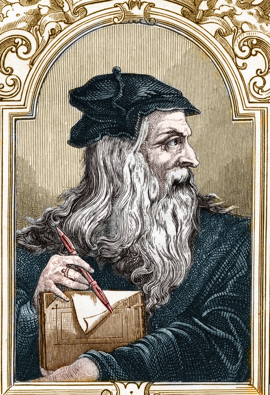 Portret Leonarda de Vinci (Leonardo da Vinci) (1452-1519). rycina z 1859 roku w „Galeriach Europy – Włochy” Armandauda (grafika) autorstwa Anonymous Anonymous