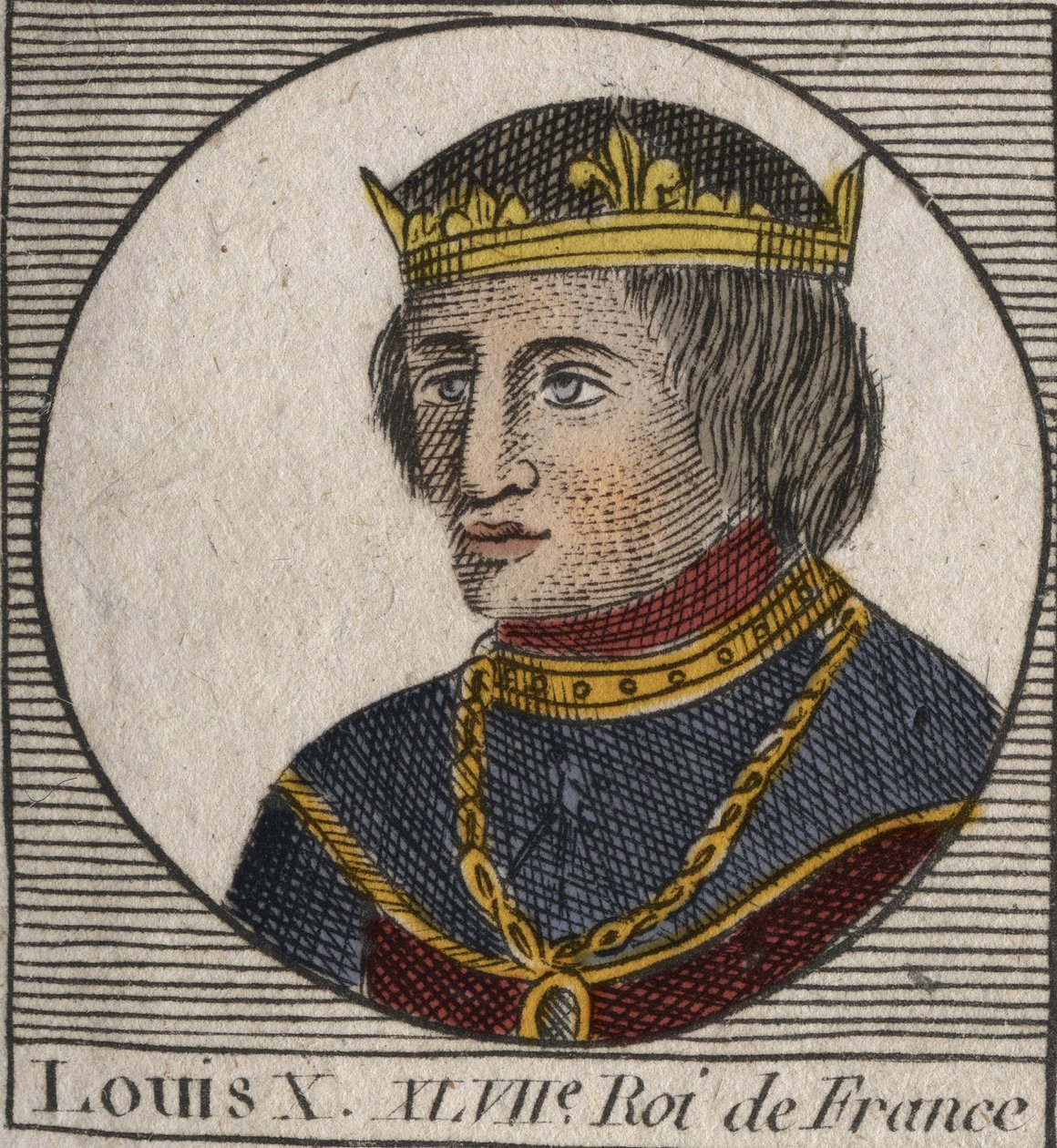 Portret Ludwika X le Hutina (1289 - 1316), króla Francji - Ludwika X (1289-1316) Upartego, króla Francji i Nawarry - rycina z „Instruction sur l’Histoire de France” Charlesa Constanta Le Tellier 1821 autorstwa Anonymous Anonymous