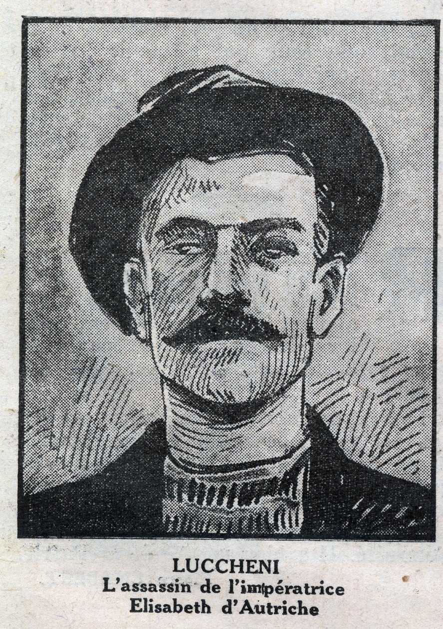 Portret Luigiego Lucheni (1873-1910), włoskiego anarchisty, zabójcy Elisabeth de Wittelsbach, cesarzowej Austrii znanej jako Sissi w 1898 roku. Grawerowanie w „”L