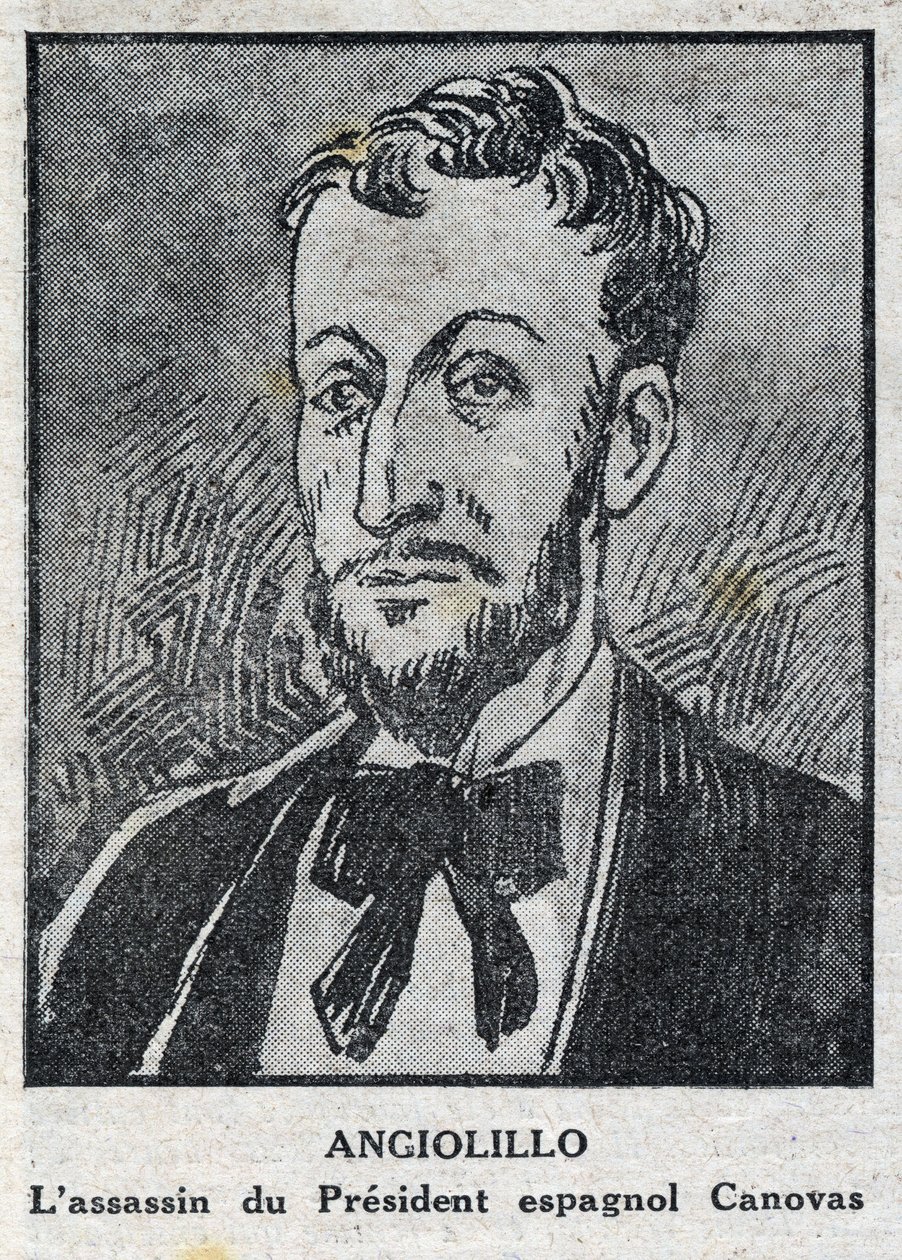 Portret Michele Angiolillo Lombardiego dit Jose Sants lub Rinaldiniego, włoskiego anarchisty (1871-1897) zabójcy przewodniczącego Rady Hiszpańskiej Antonio Canovas del Castillo (1828-1897). Grawerowanie w „”L