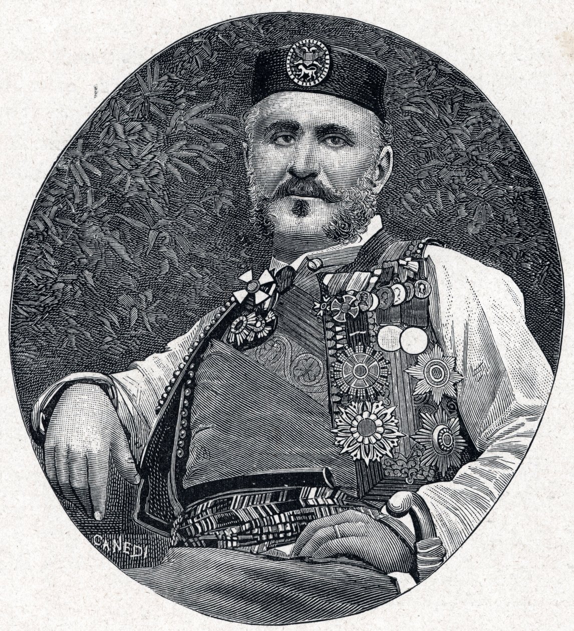 Portret Mikołaja I Czarnogóry (Nikola I Petrovic-Njegos) (Petrovic Njegos) (1841-1921), księcia Czarnogóry i Berdy. Grawer w „Les Missions Catholiques au XIXeme Siecle” Louis-Eugene (Louis Eugene) Louvet. prywatna kolekcja. autorstwa Anonymous Anonymous