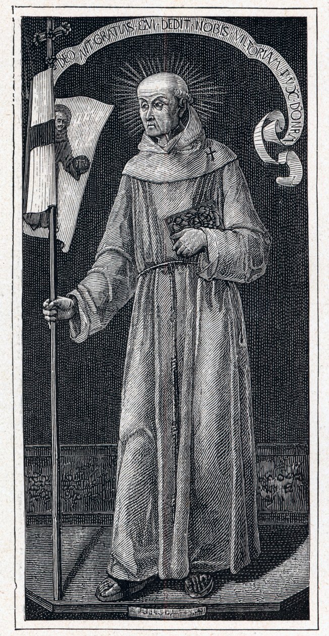 Portret św. Jana Kapistrana (Giovanni da Capestrano) (1386-1456), franciszkanin włoski. Z obrazu z XV wieku autorstwa Bartolomeo Vivariniego. Grawer w „Misjach katolickich w XIX wieku” Louis-Eugene (Louis Eugene) Louvet. prywatna firma autorstwa Anonymous Anonymous