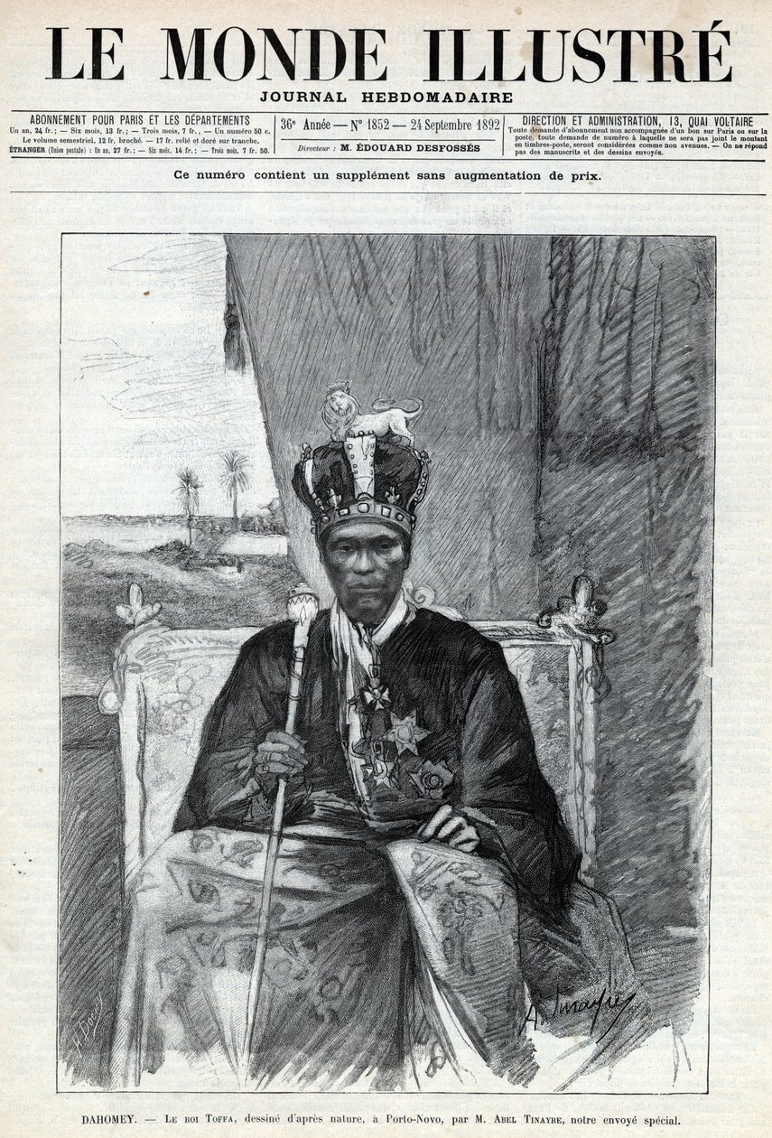 Portret Tofy I (Toffa) (ok. 1850-1908), króla Dahomeju (Benin) do Porto Novo (Porto-Novo). Gazeta. Grawer „Le monde illustree” z 1892 r. Ze zbiorów prywatnych. autorstwa Anonymous Anonymous