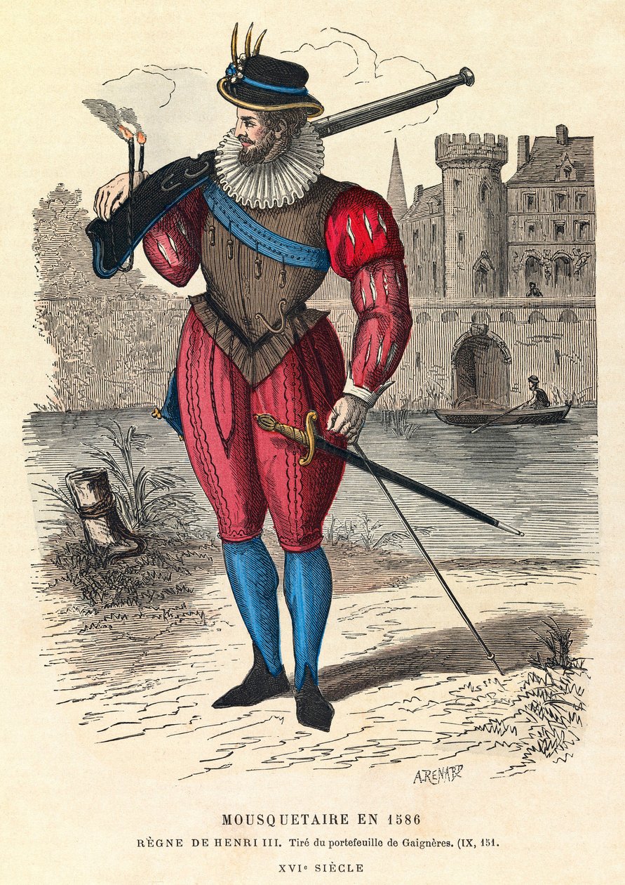 Portret muszkietera w 1586 w Paryżu (za panowania króla Henryka III), rycina, kolekcja prywatna - Muszkieter w Paryżu autorstwa Anonymous Anonymous