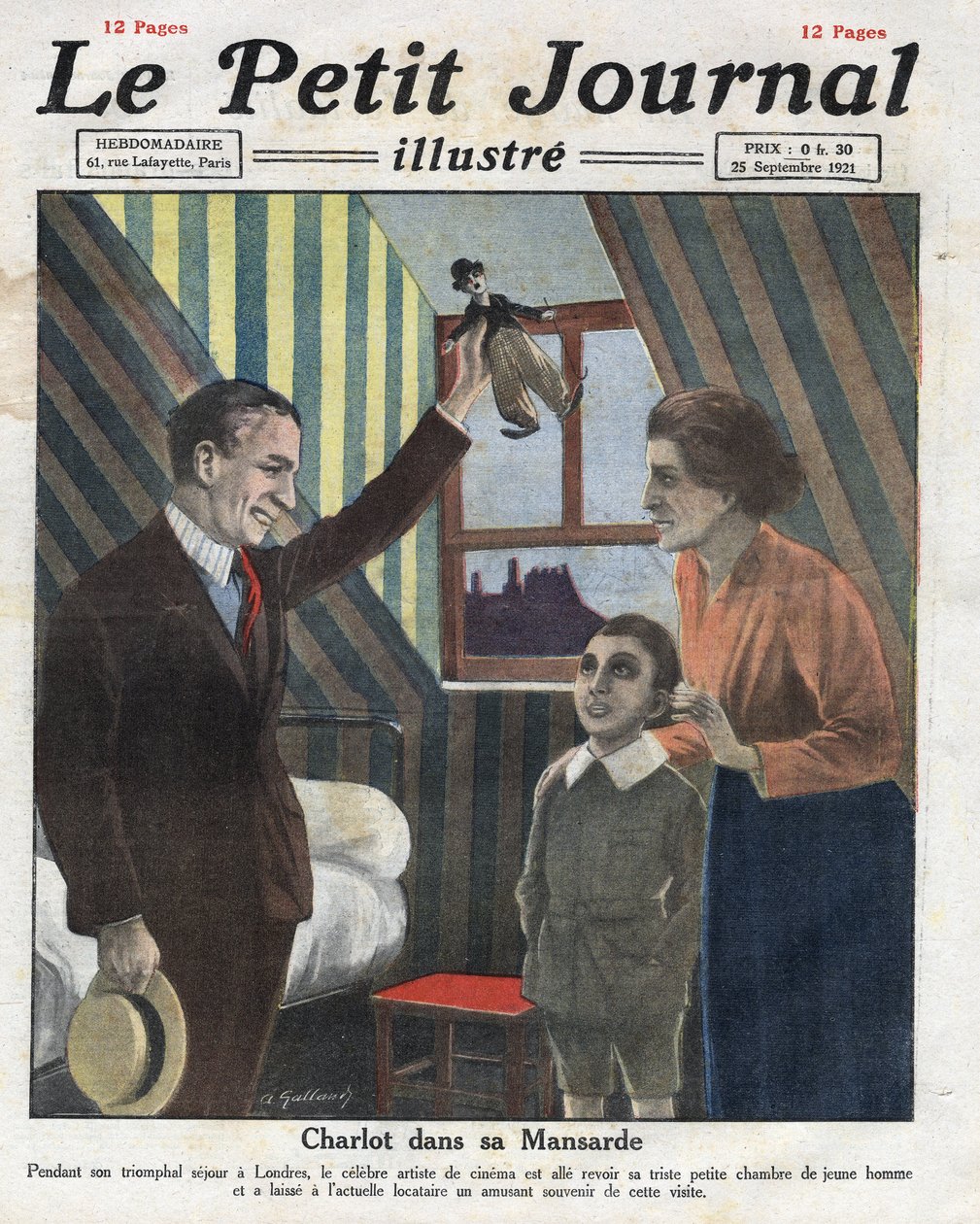 Portret aktora Charliego Chaplina podróżującego do Londynu, odwiedzającego swój dawny pokój, ofiarowuje dziecku rodziny małą lalkę Charlot. Ilustracja zaczerpnięta z „Le petit journal illustrious”” z 23.09.1921 r. Prywatna kolekcja autorstwa Anonymous Anonymous