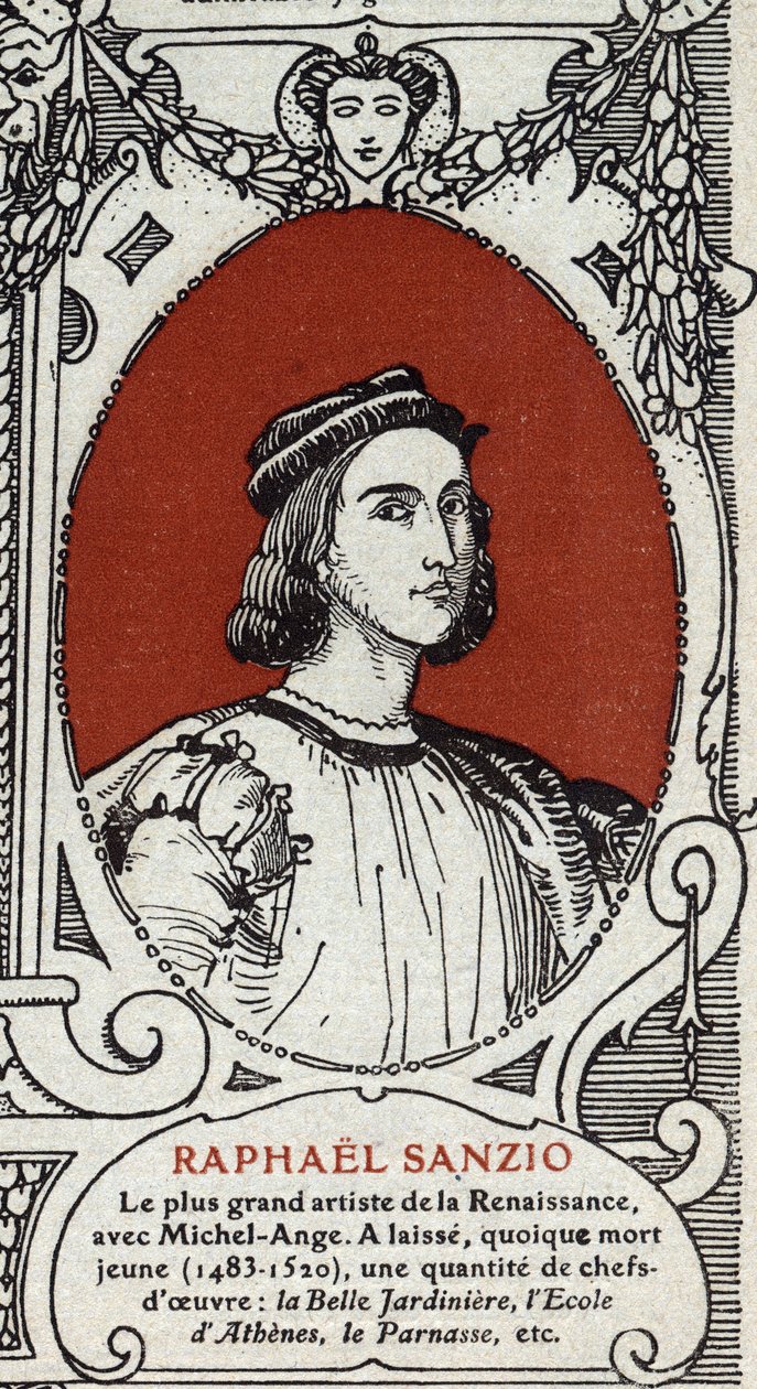Portret włoskiego malarza renesansowego Rafaela (Raffaello Sanzio 1483-1520). Rycina z 1914 r. Ze zbiorów prywatnych. autorstwa Anonymous Anonymous