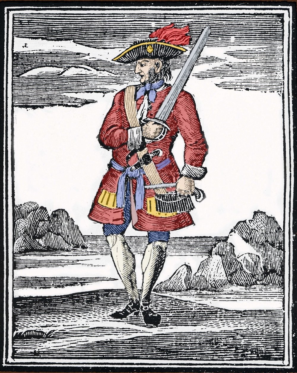 Portret pirata Jacka Rackhama mówi Czerwony lub John Rackham, lepiej znany jako Calico Jack (?1720). Rytownictwo. autorstwa Anonymous Anonymous